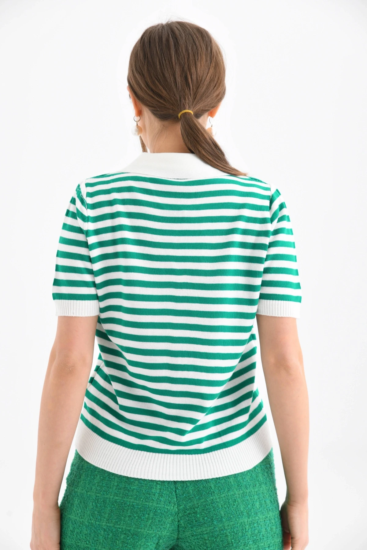 Kadın Polo Yaka Kısa Kol Çizgili Triko Kazak 10021