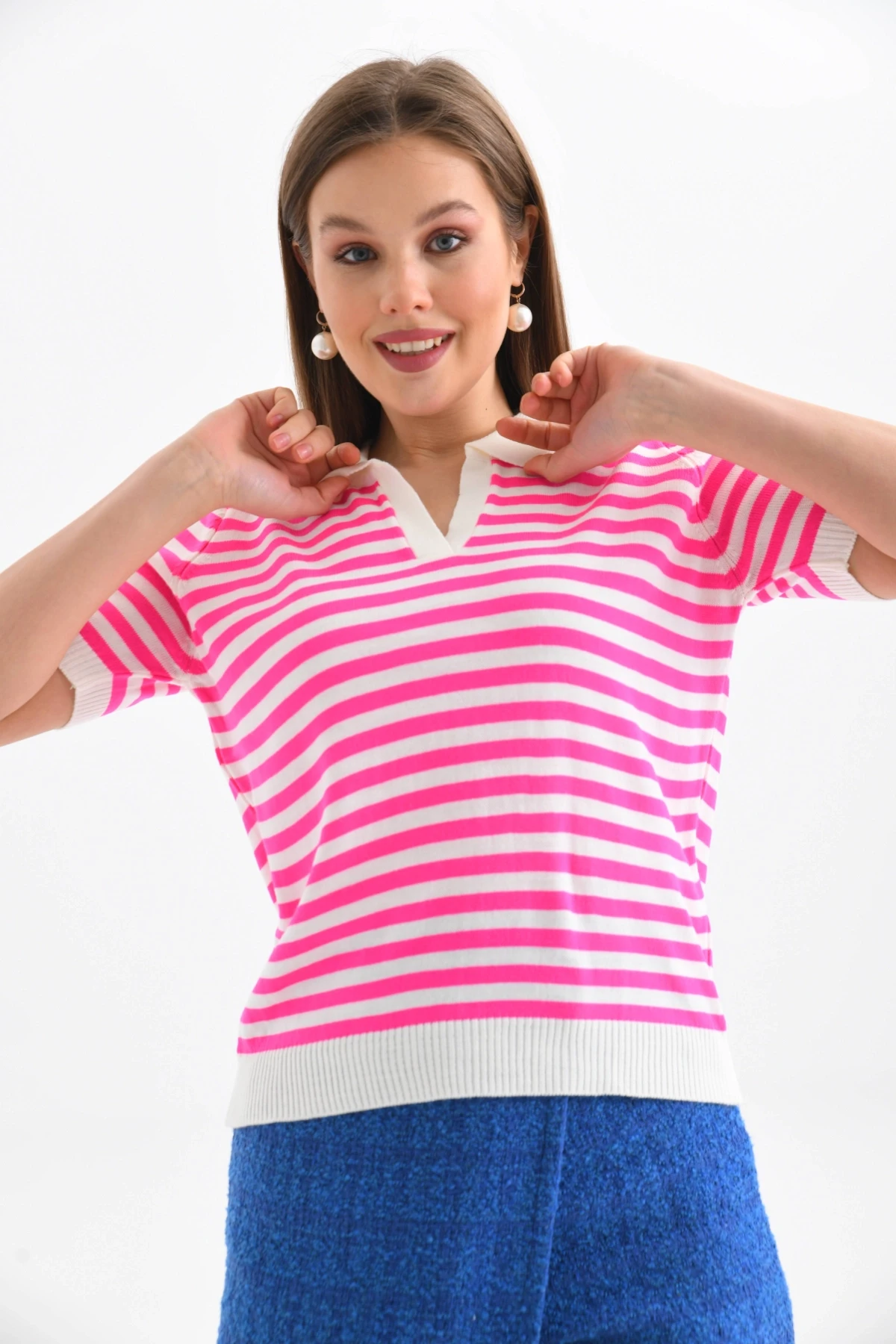 Kadın Polo Yaka Kısa Kol Çizgili Triko Kazak 10021