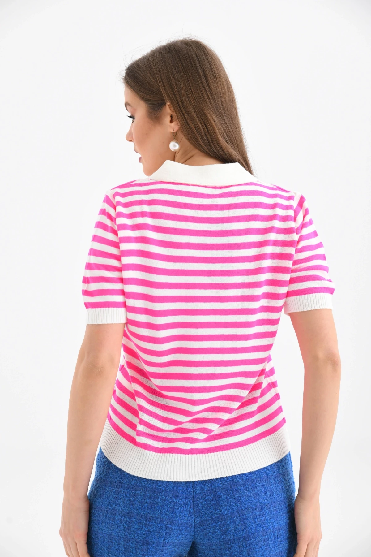 Kadın Polo Yaka Kısa Kol Çizgili Triko Kazak 10021