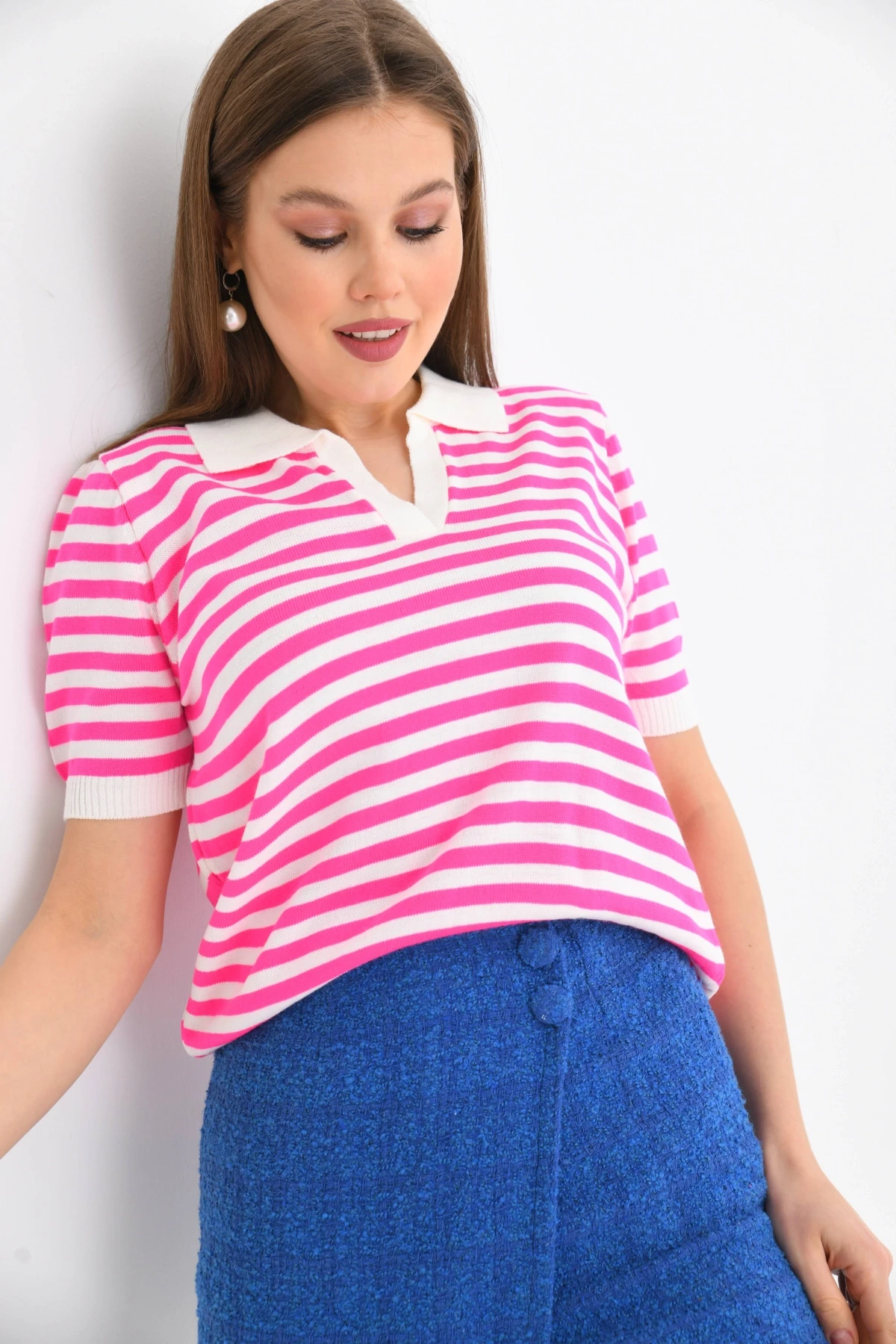 Kadın Polo Yaka Kısa Kol Çizgili Triko Kazak 10021