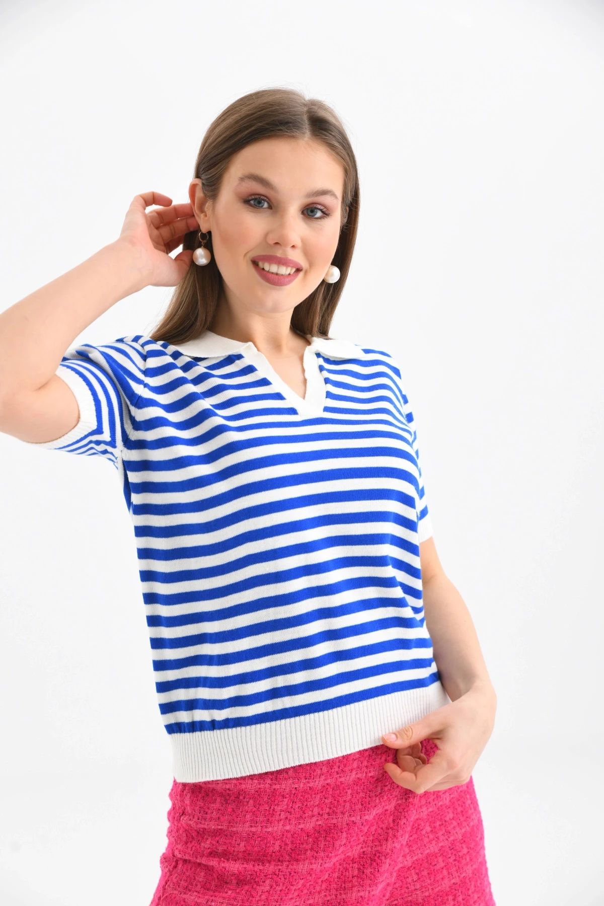 Kadın Polo Yaka Kısa Kol Çizgili Triko Kazak 10021