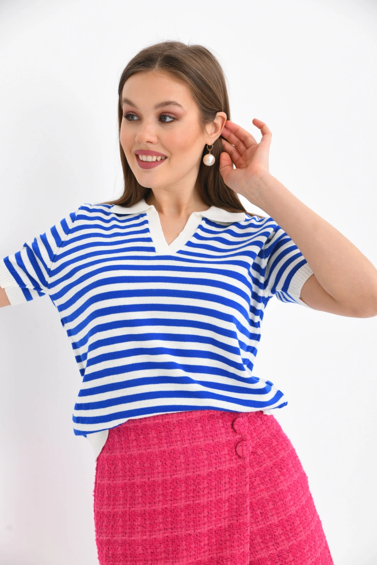 Kadın Polo Yaka Kısa Kol Çizgili Triko Kazak 10021