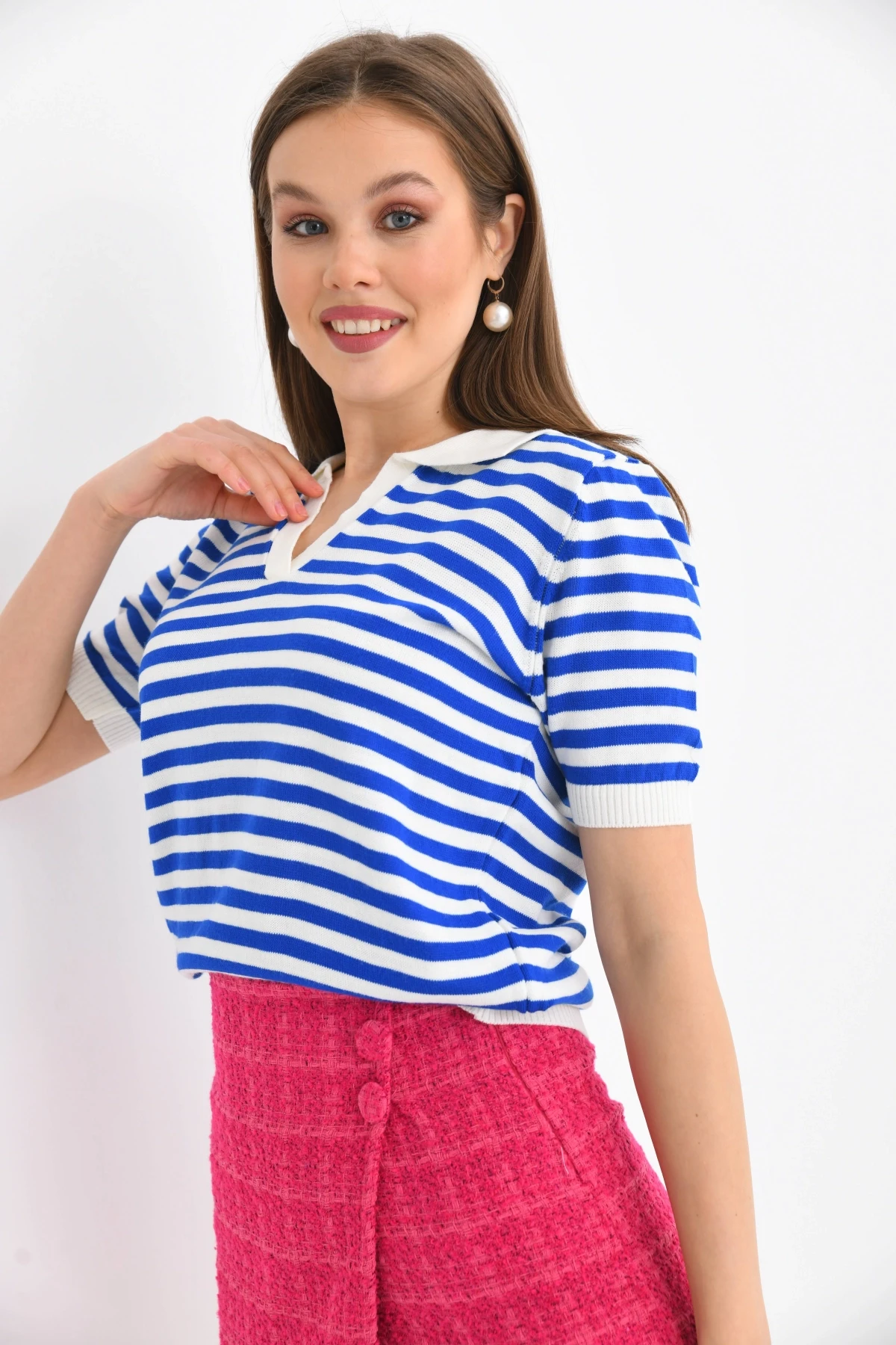 Kadın Polo Yaka Kısa Kol Çizgili Triko Kazak 10021