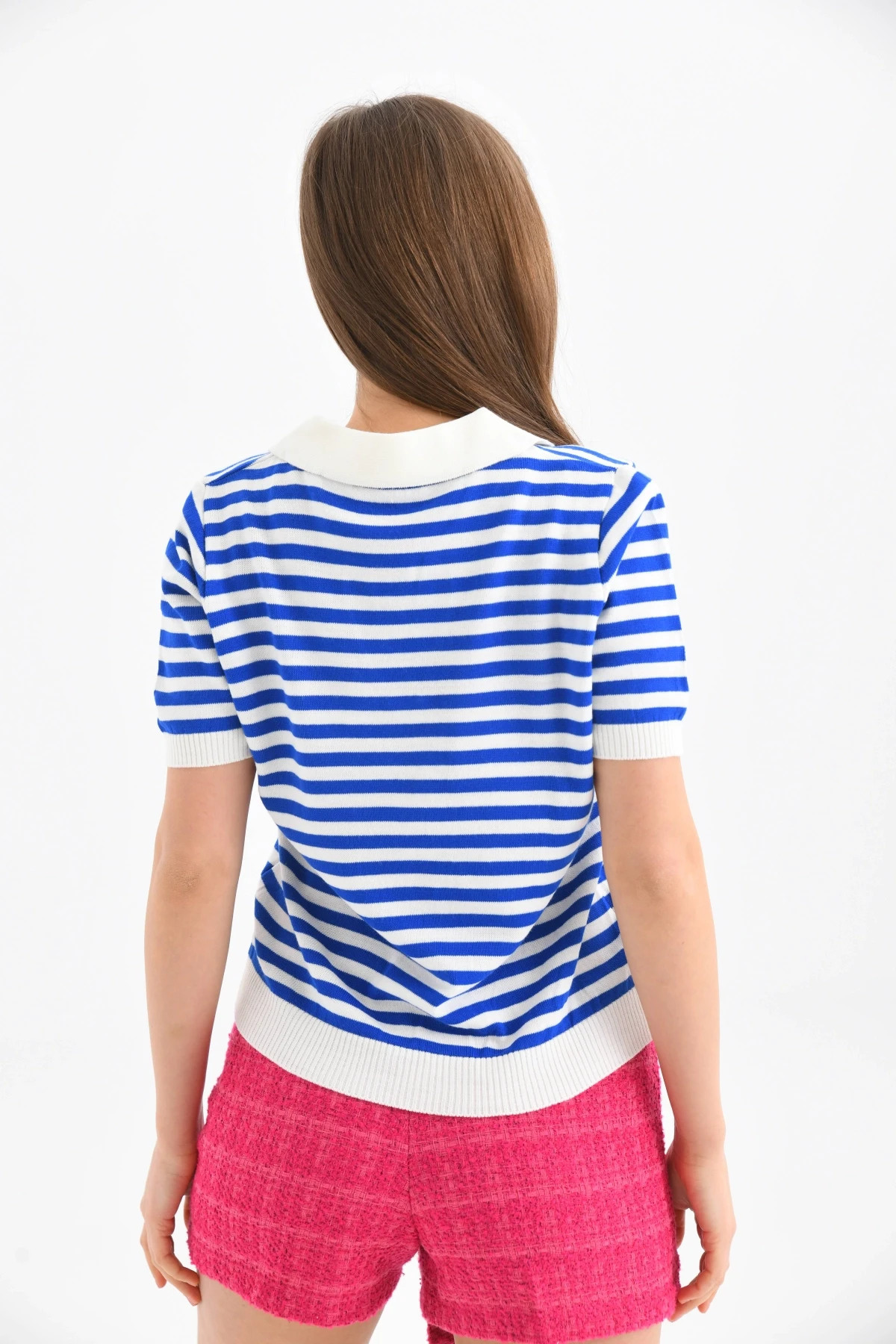 Kadın Polo Yaka Kısa Kol Çizgili Triko Kazak 10021