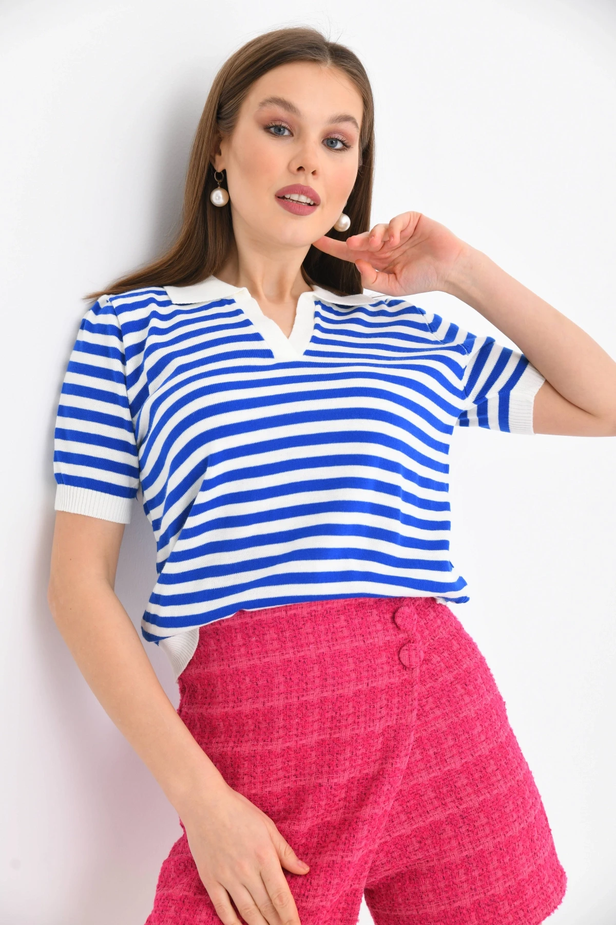 Kadın Polo Yaka Kısa Kol Çizgili Triko Kazak 10021