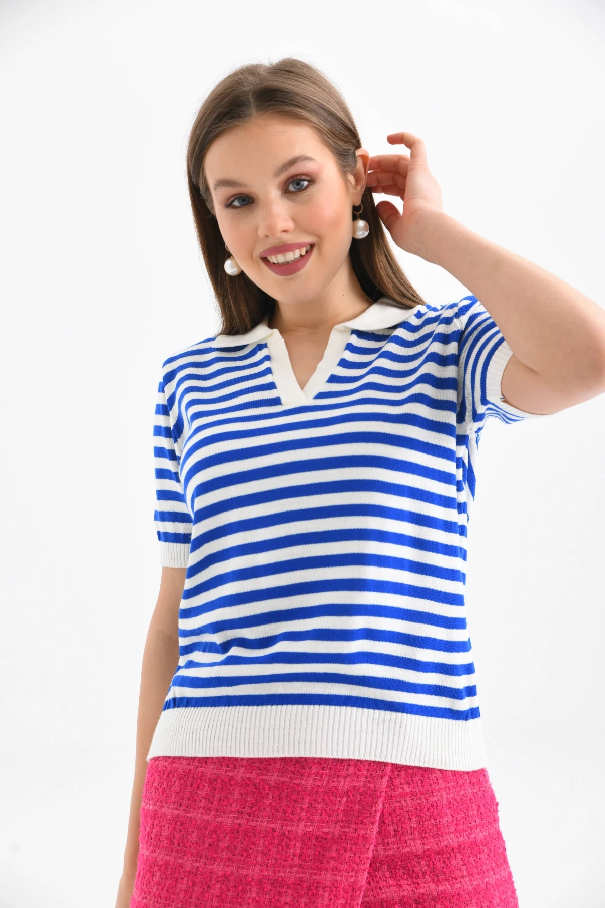 Kadın Polo Yaka Kısa Kol Çizgili Triko Kazak 10021