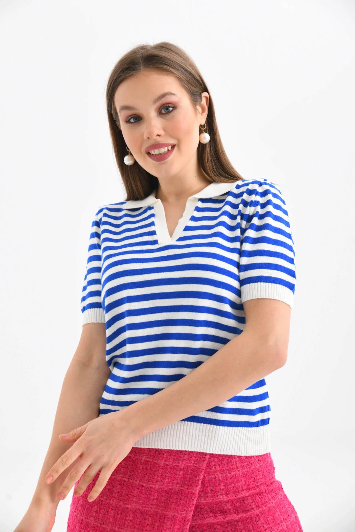 Kadın Polo Yaka Kısa Kol Çizgili Triko Kazak 10021