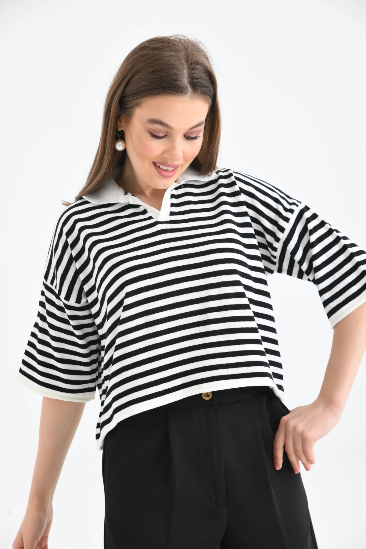 Kadın Polo Yaka Kısa Kol Çizgili Triko Kazak 10097