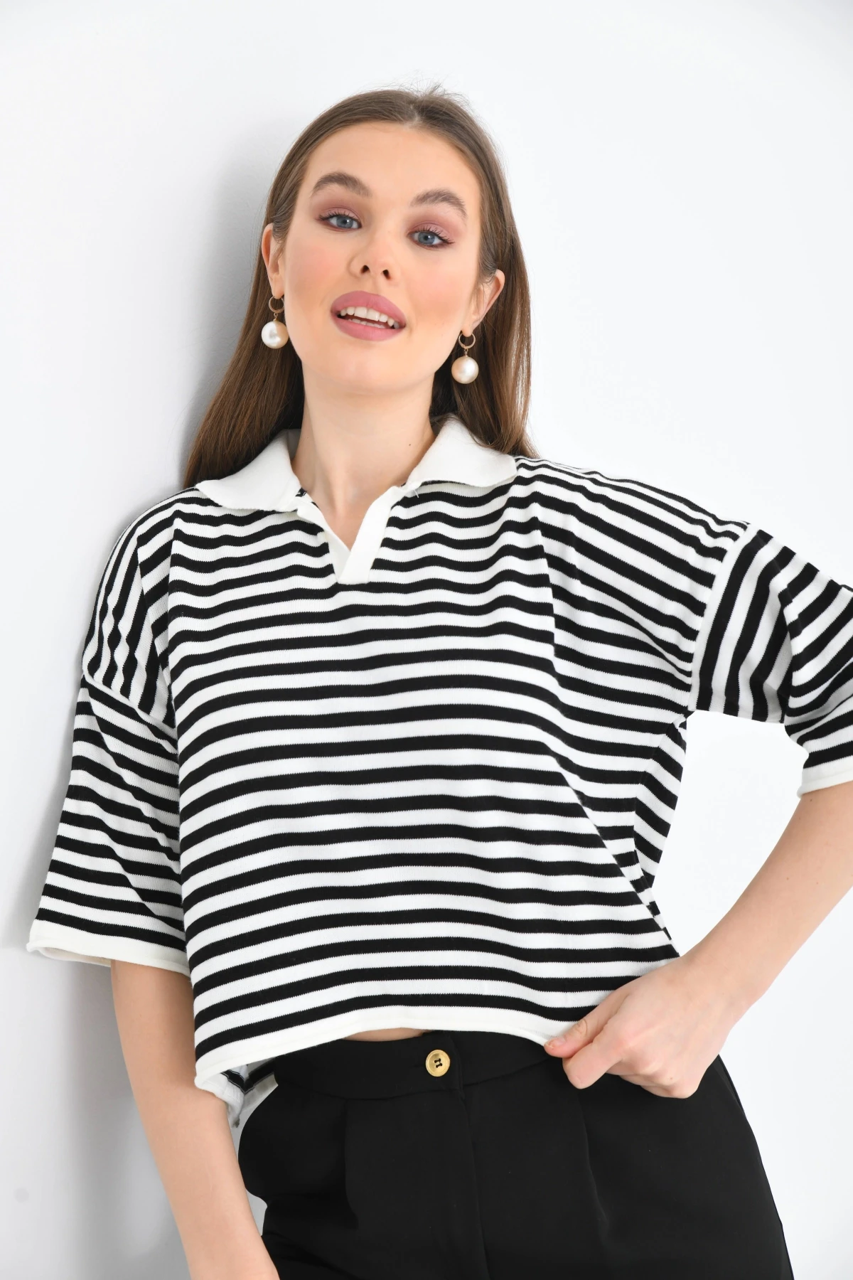 Kadın Polo Yaka Kısa Kol Çizgili Triko Kazak 10097