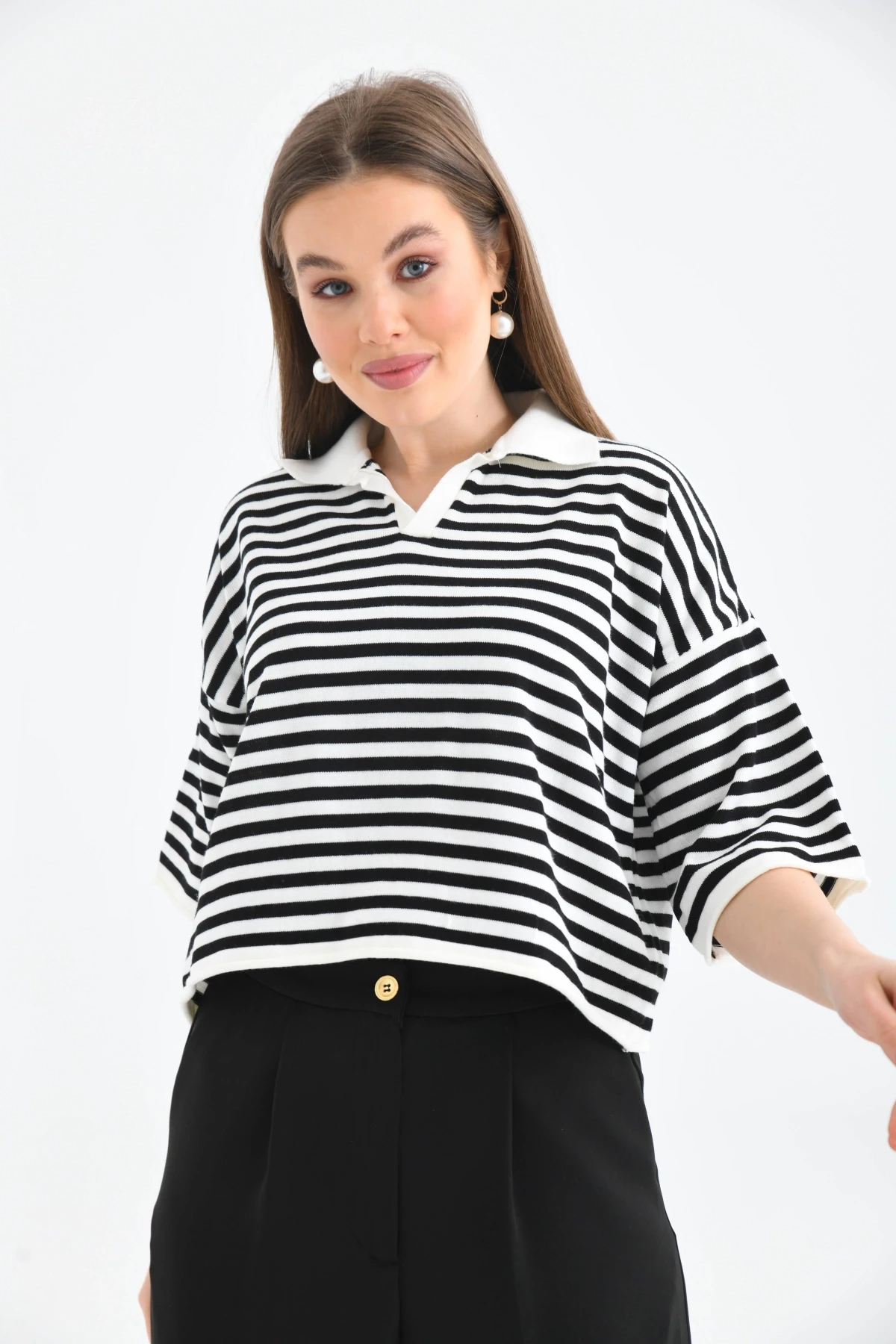 Kadın Polo Yaka Kısa Kol Çizgili Triko Kazak 10097