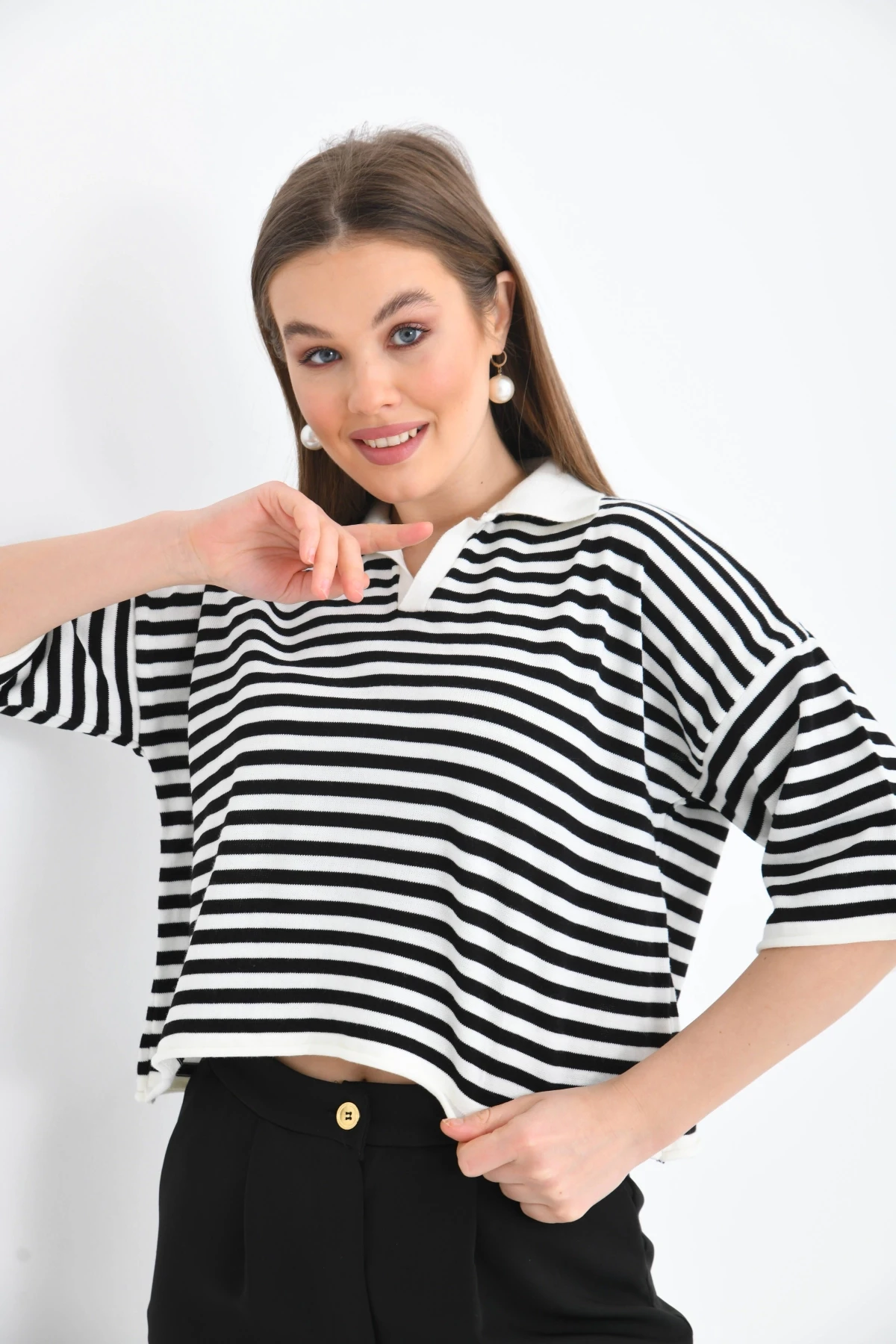 Kadın Polo Yaka Kısa Kol Çizgili Triko Kazak 10097