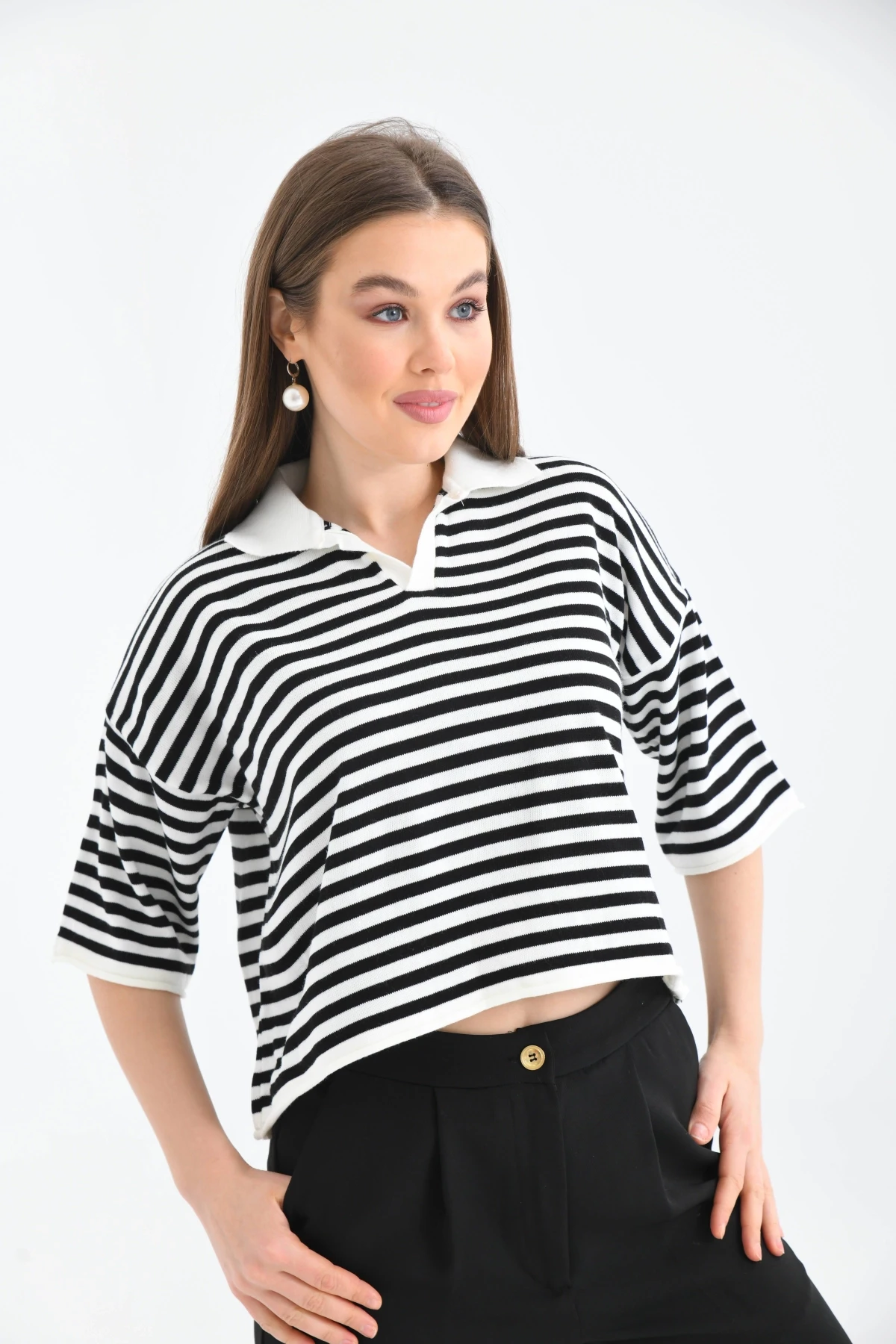 Kadın Polo Yaka Kısa Kol Çizgili Triko Kazak 10097