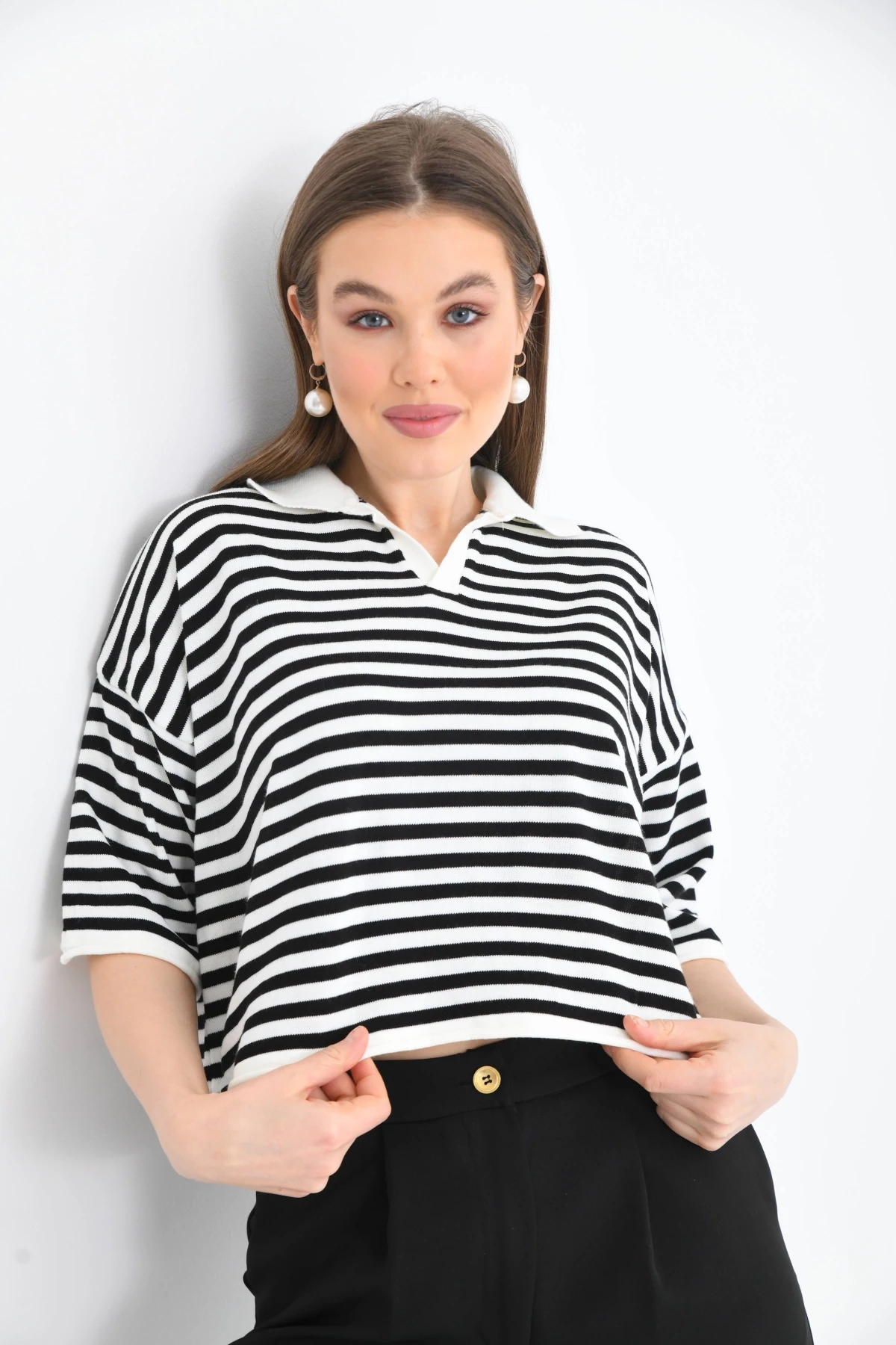 Kadın Polo Yaka Kısa Kol Çizgili Triko Kazak 10097