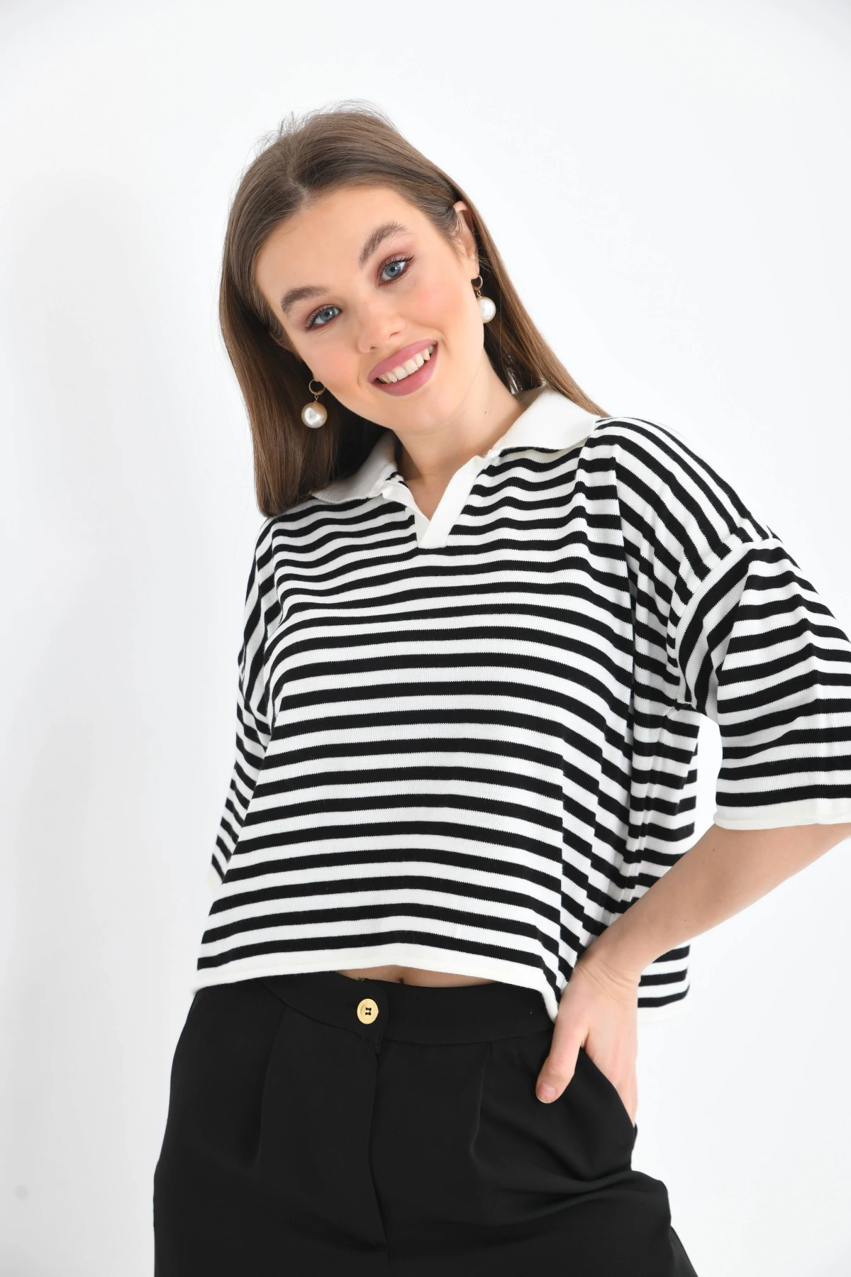 Kadın Polo Yaka Kısa Kol Çizgili Triko Kazak 10097