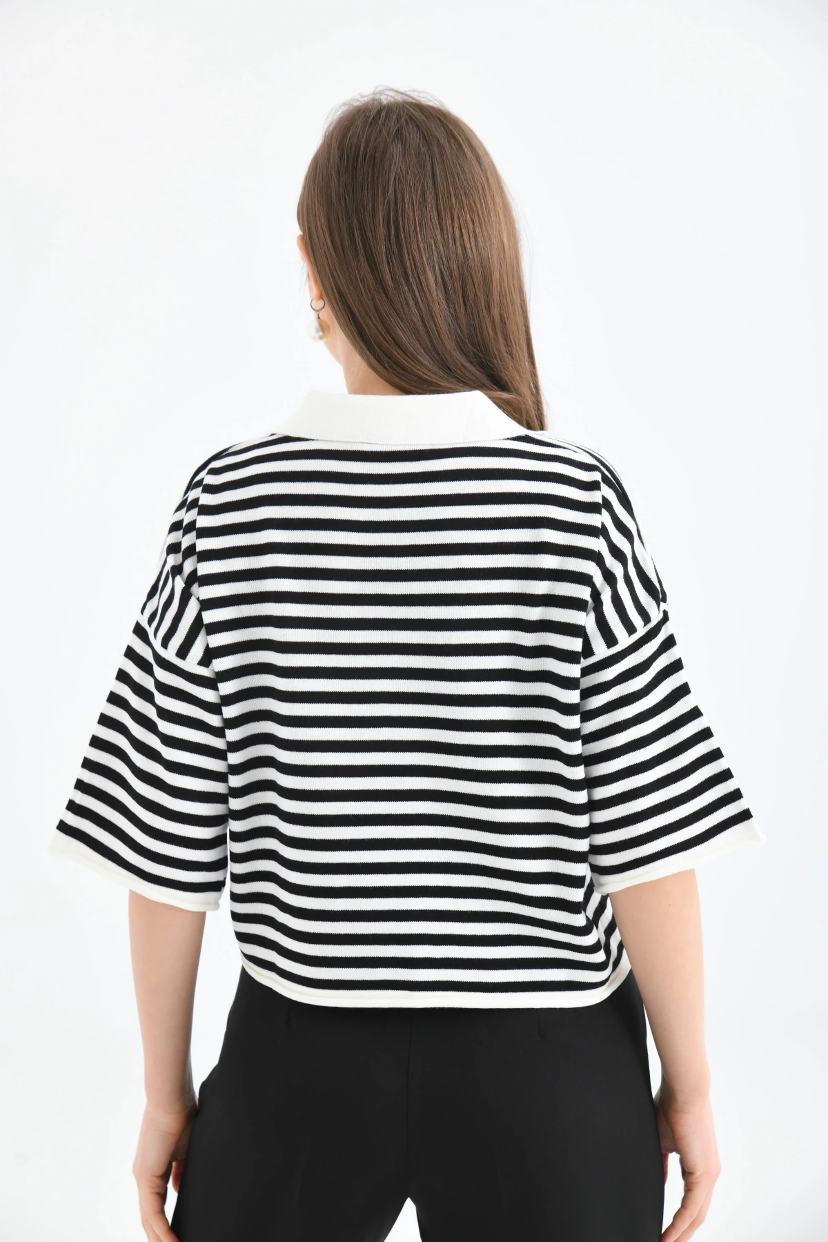 Kadın Polo Yaka Kısa Kol Çizgili Triko Kazak 10097