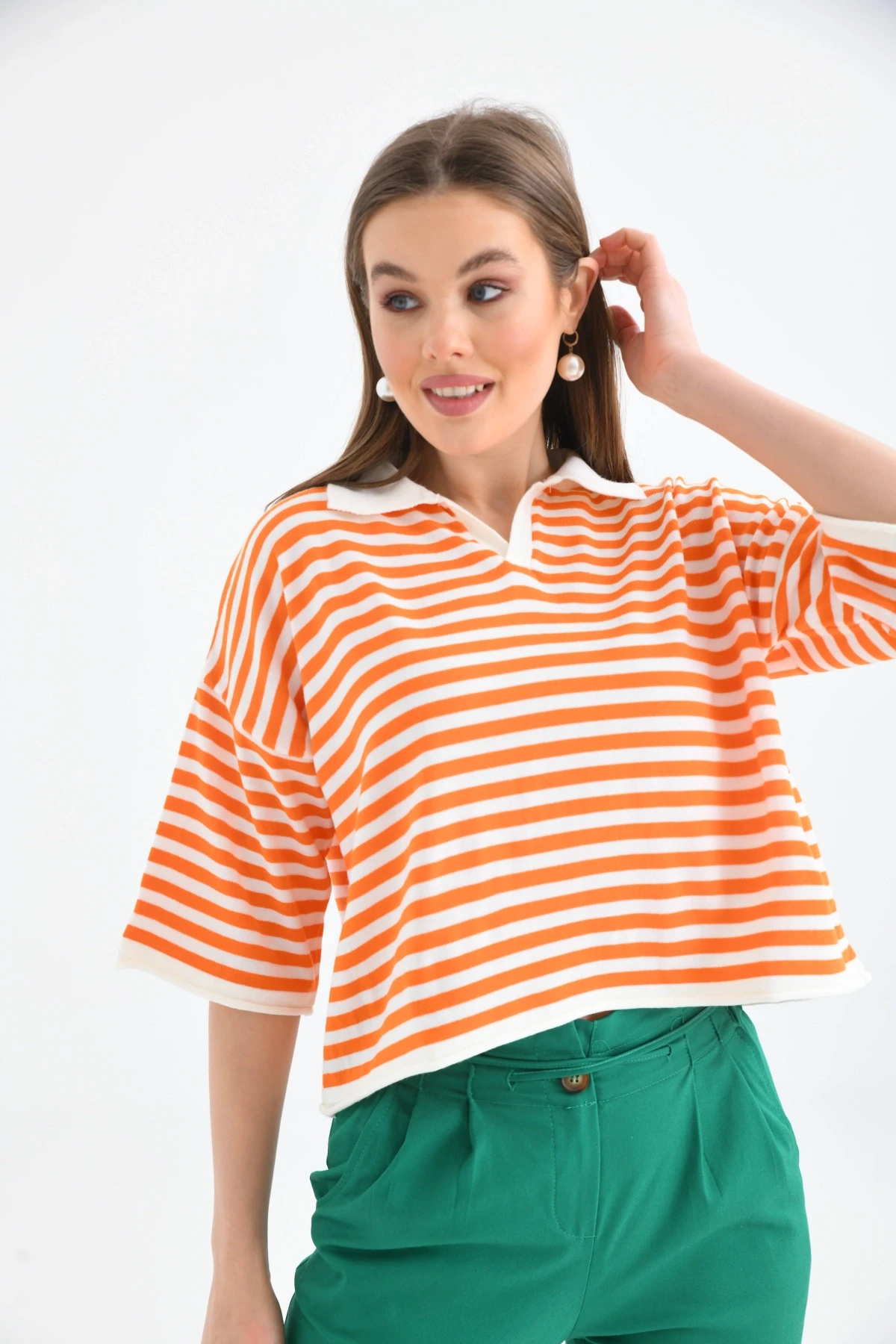 Kadın Polo Yaka Kısa Kol Çizgili Triko Kazak 10097