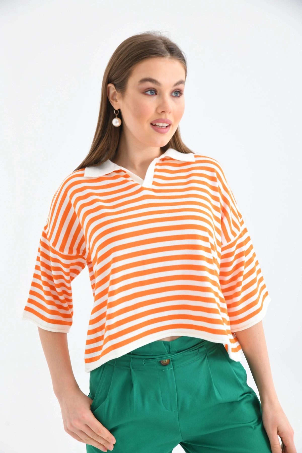 Kadın Polo Yaka Kısa Kol Çizgili Triko Kazak 10097