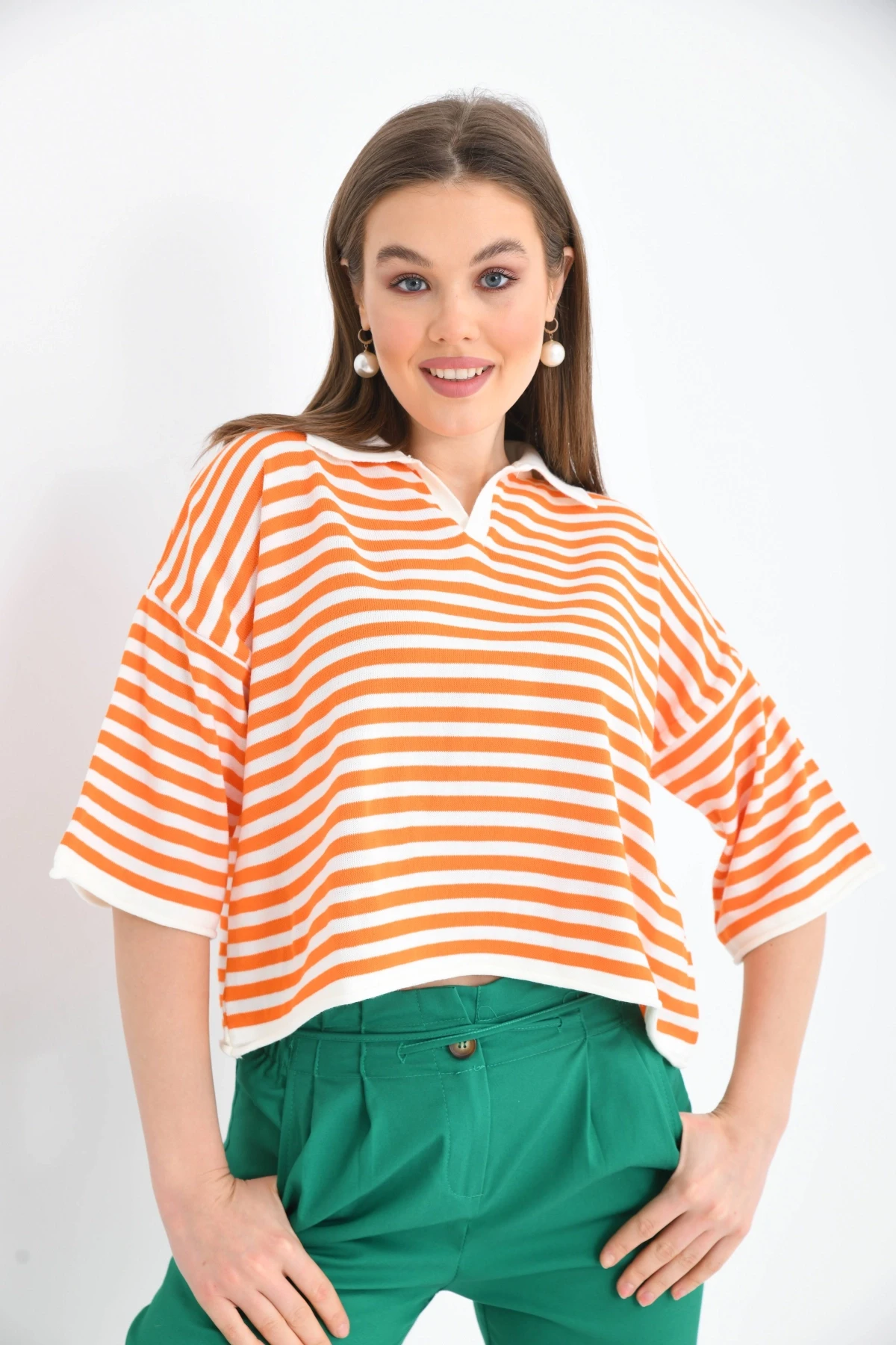 Kadın Polo Yaka Kısa Kol Çizgili Triko Kazak 10097