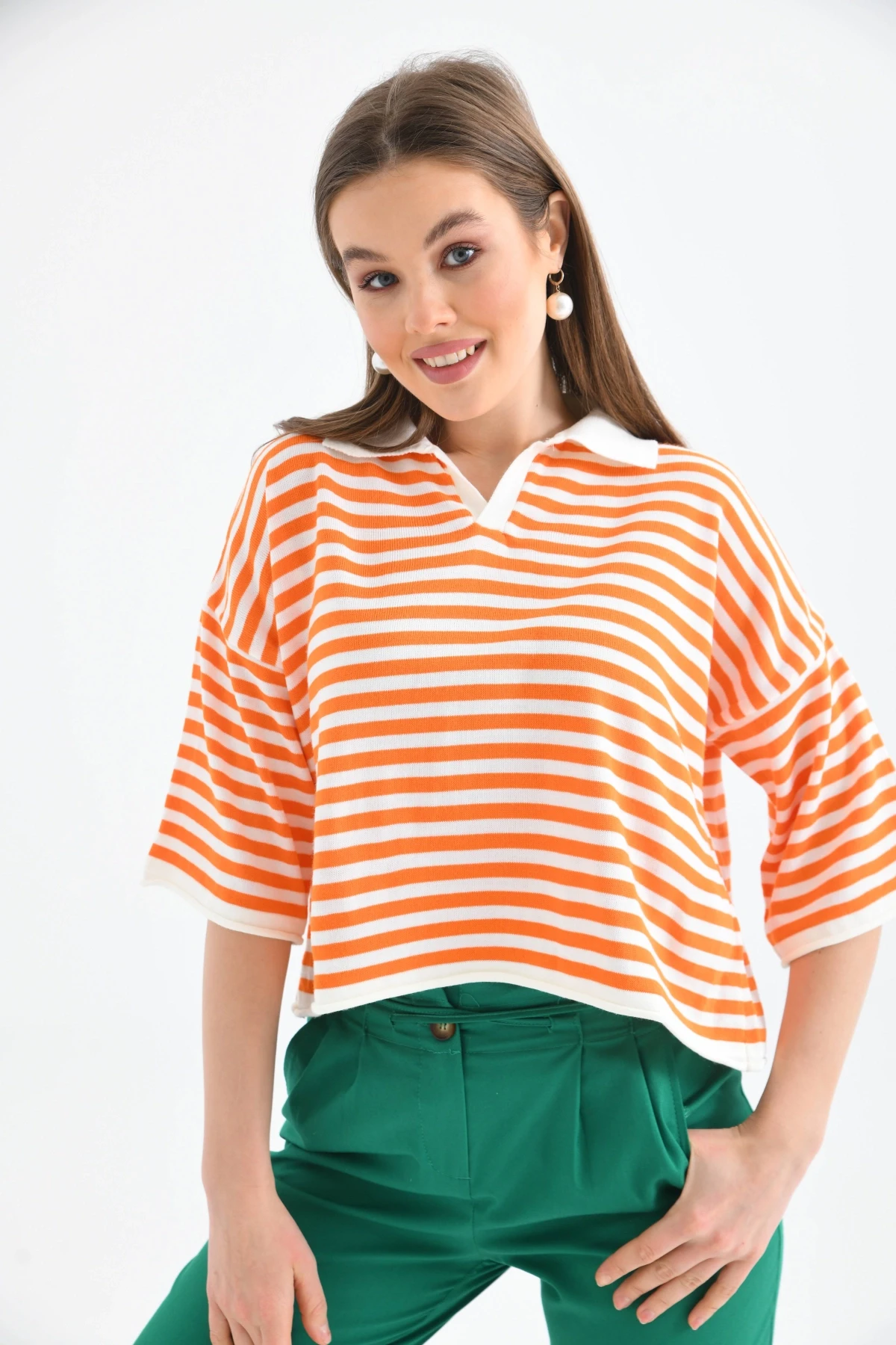 Kadın Polo Yaka Kısa Kol Çizgili Triko Kazak 10097