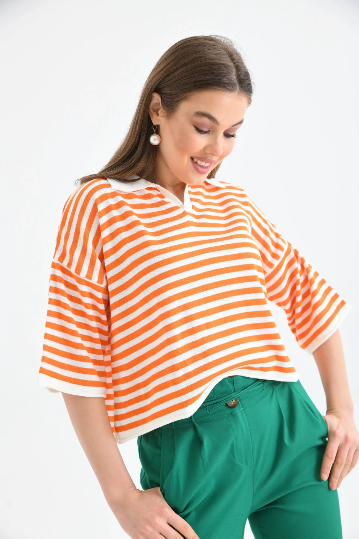 Kadın Polo Yaka Kısa Kol Çizgili Triko Kazak 10097