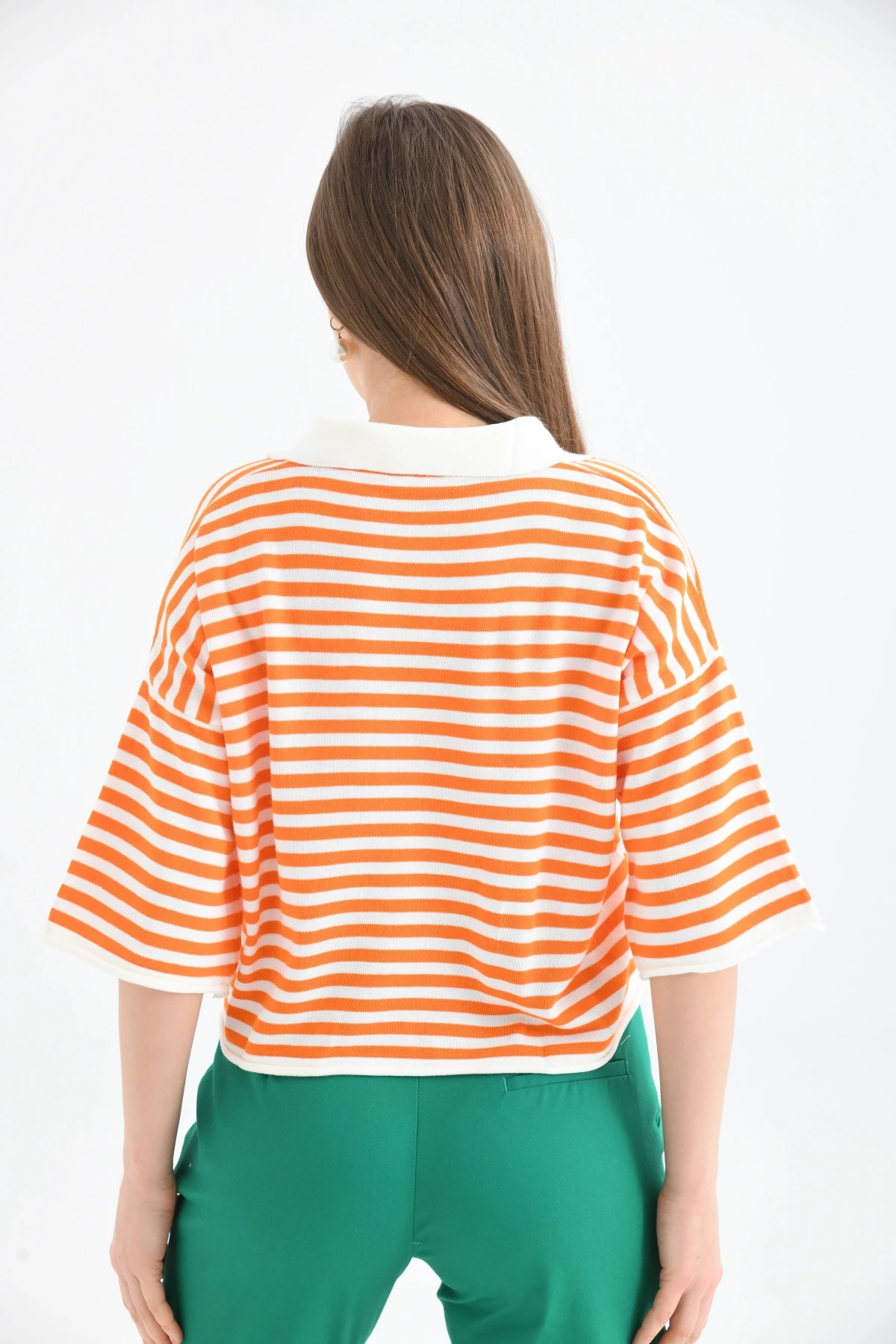 Kadın Polo Yaka Kısa Kol Çizgili Triko Kazak 10097