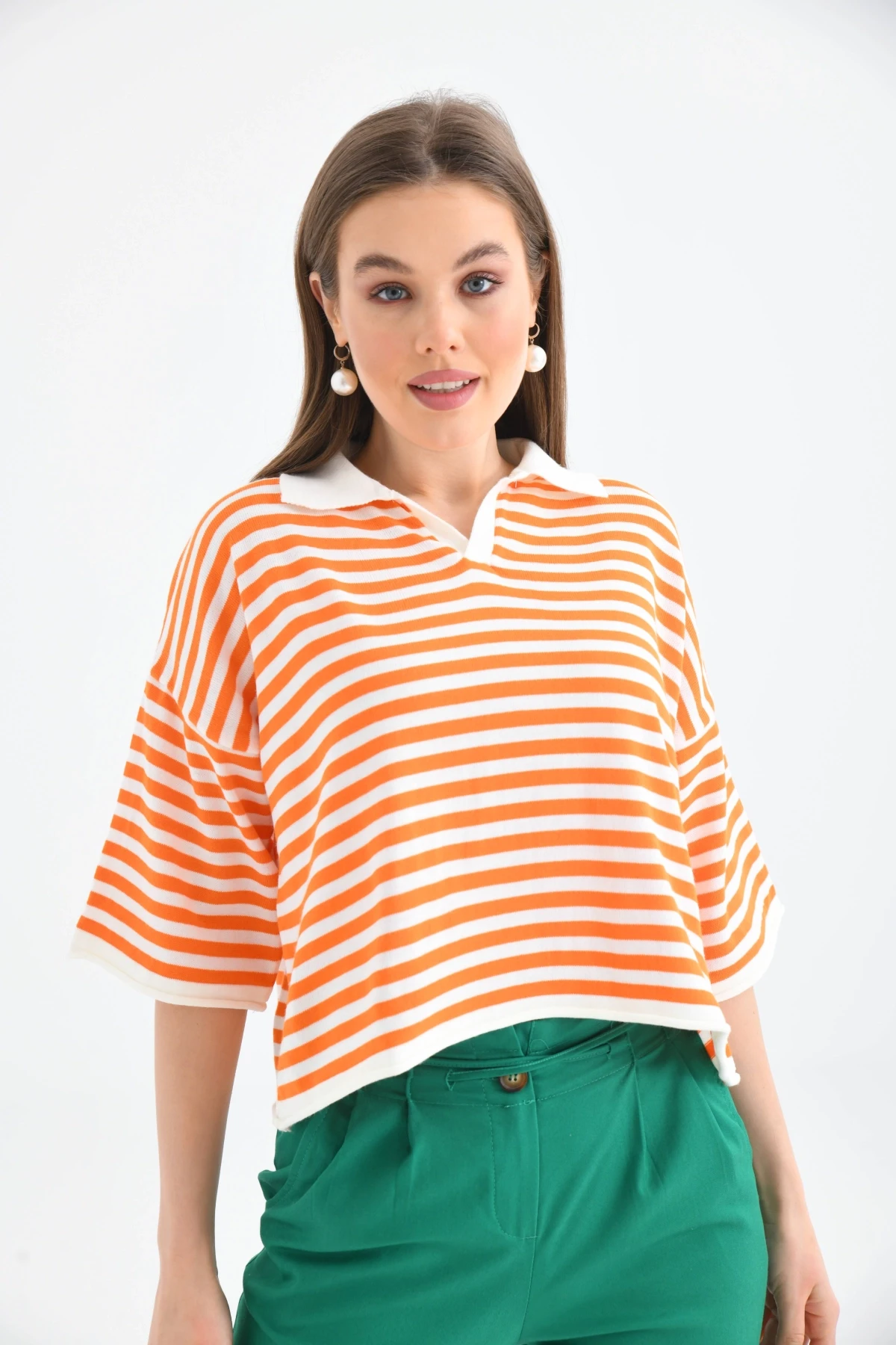 Kadın Polo Yaka Kısa Kol Çizgili Triko Kazak 10097