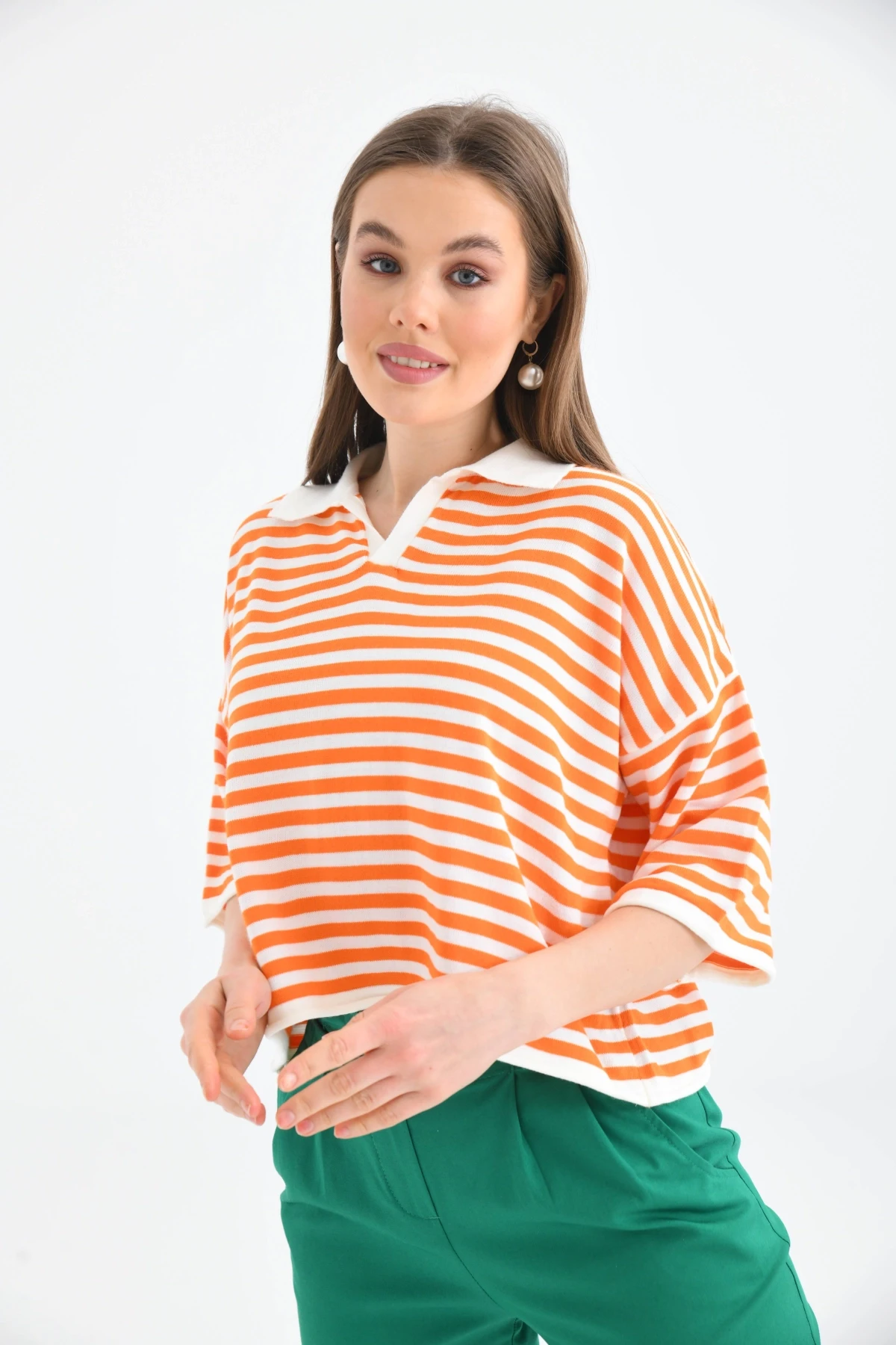 Kadın Polo Yaka Kısa Kol Çizgili Triko Kazak 10097