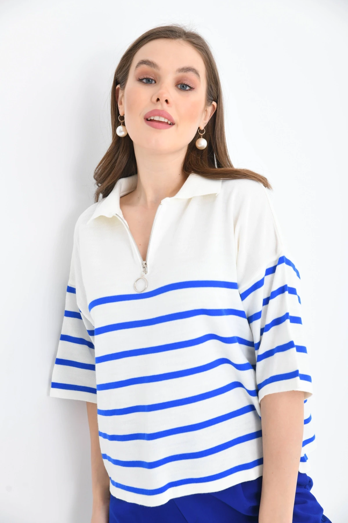 Kadın Polo Yaka Kısa Kol Fermuar Detay Triko Kazak 10099