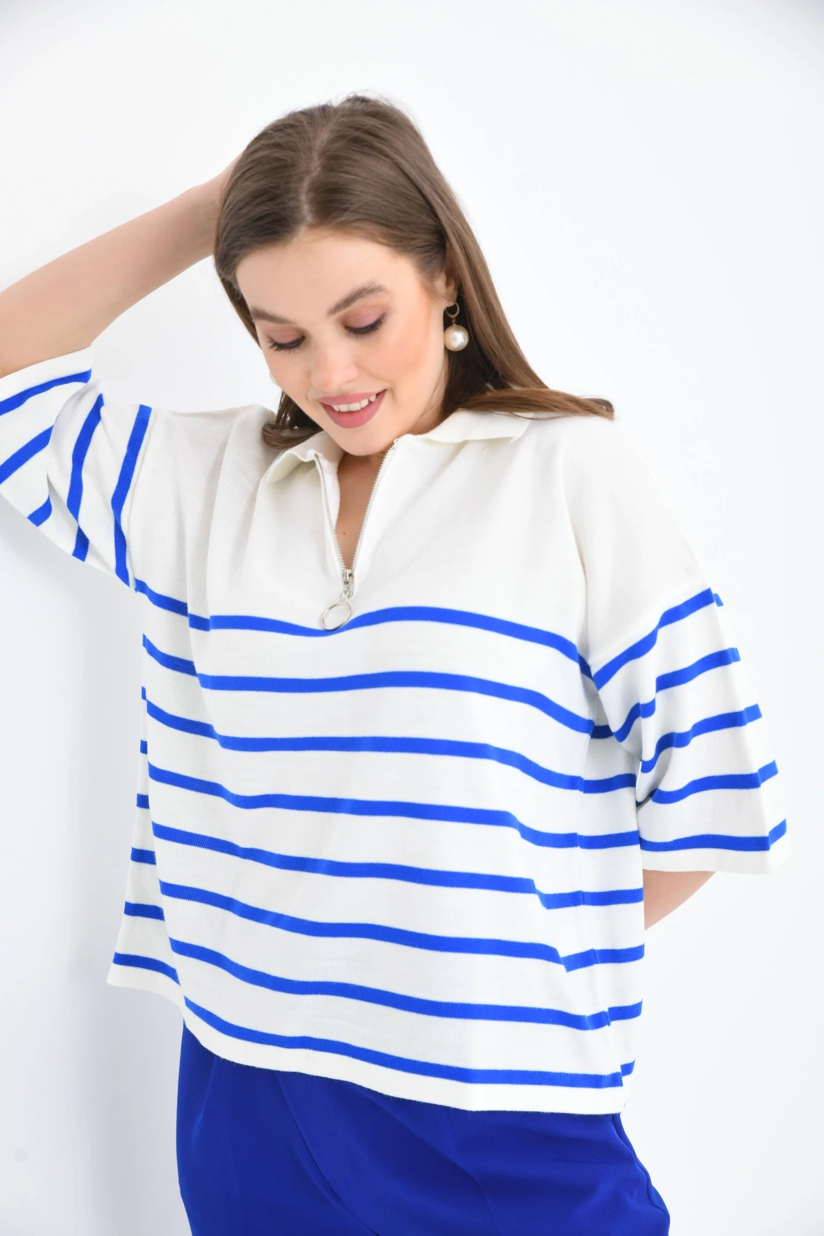 Kadın Polo Yaka Kısa Kol Fermuar Detay Triko Kazak 10099