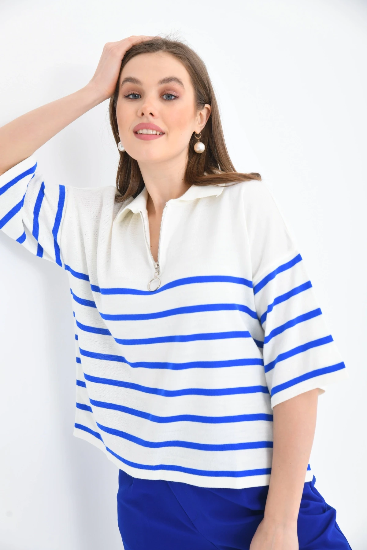 Kadın Polo Yaka Kısa Kol Fermuar Detay Triko Kazak 10099