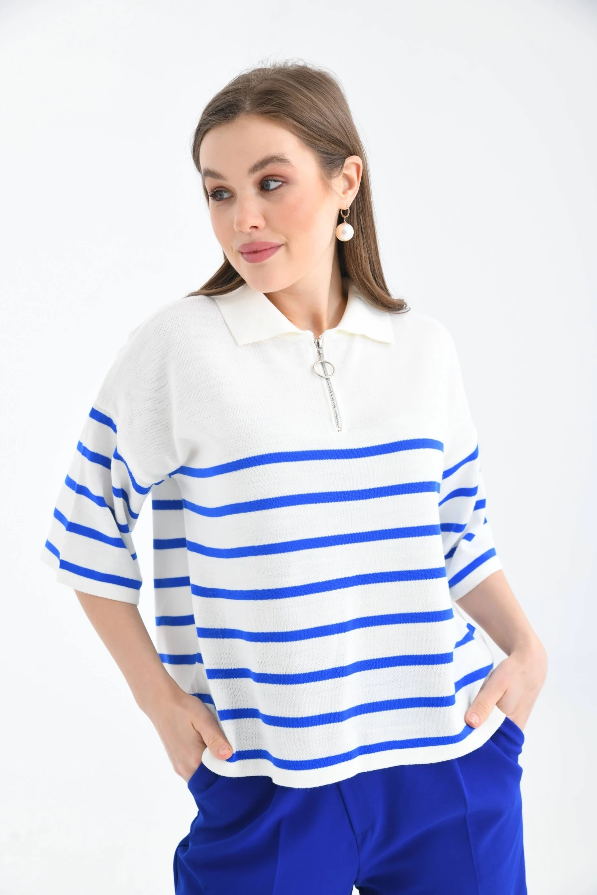 Kadın Polo Yaka Kısa Kol Fermuar Detay Triko Kazak 10099