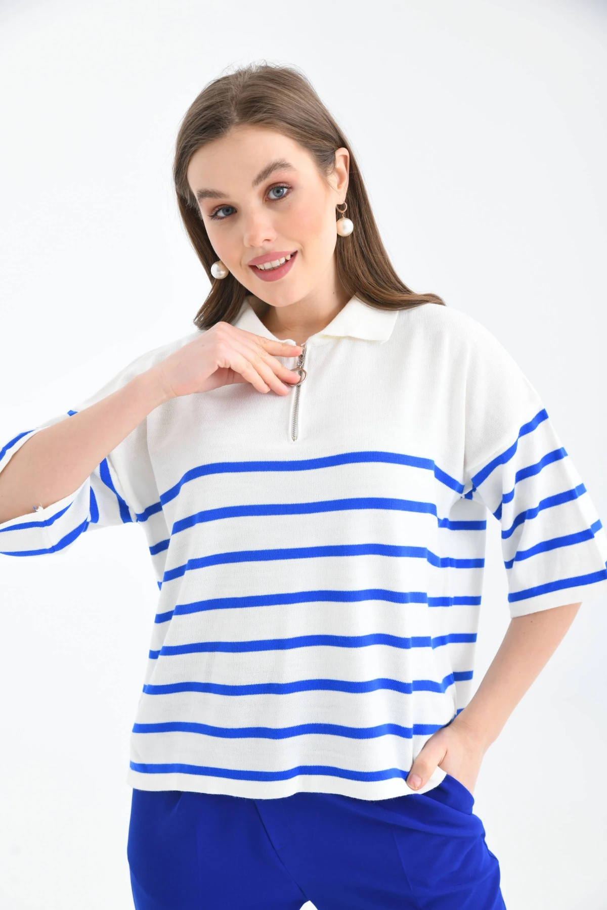 Kadın Polo Yaka Kısa Kol Fermuar Detay Triko Kazak 10099