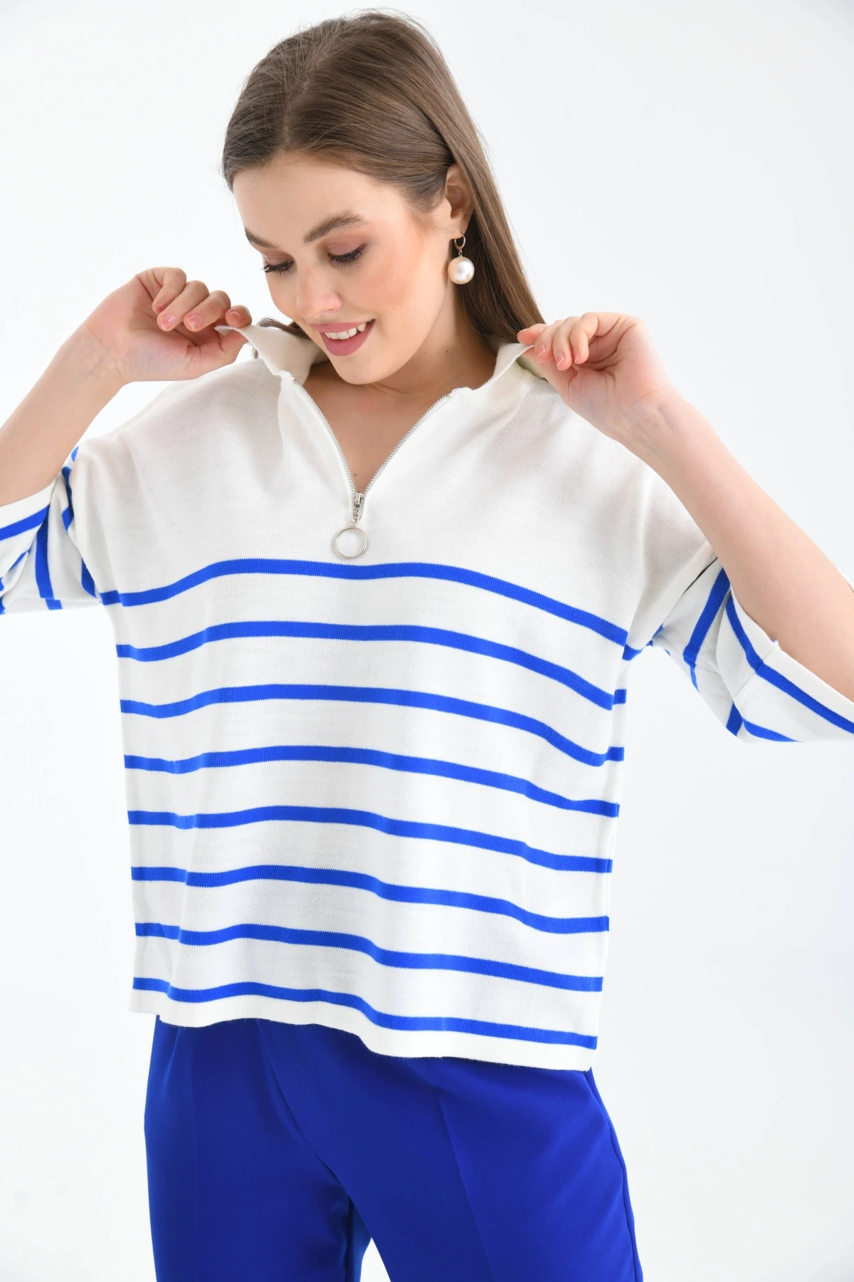 Kadın Polo Yaka Kısa Kol Fermuar Detay Triko Kazak 10099