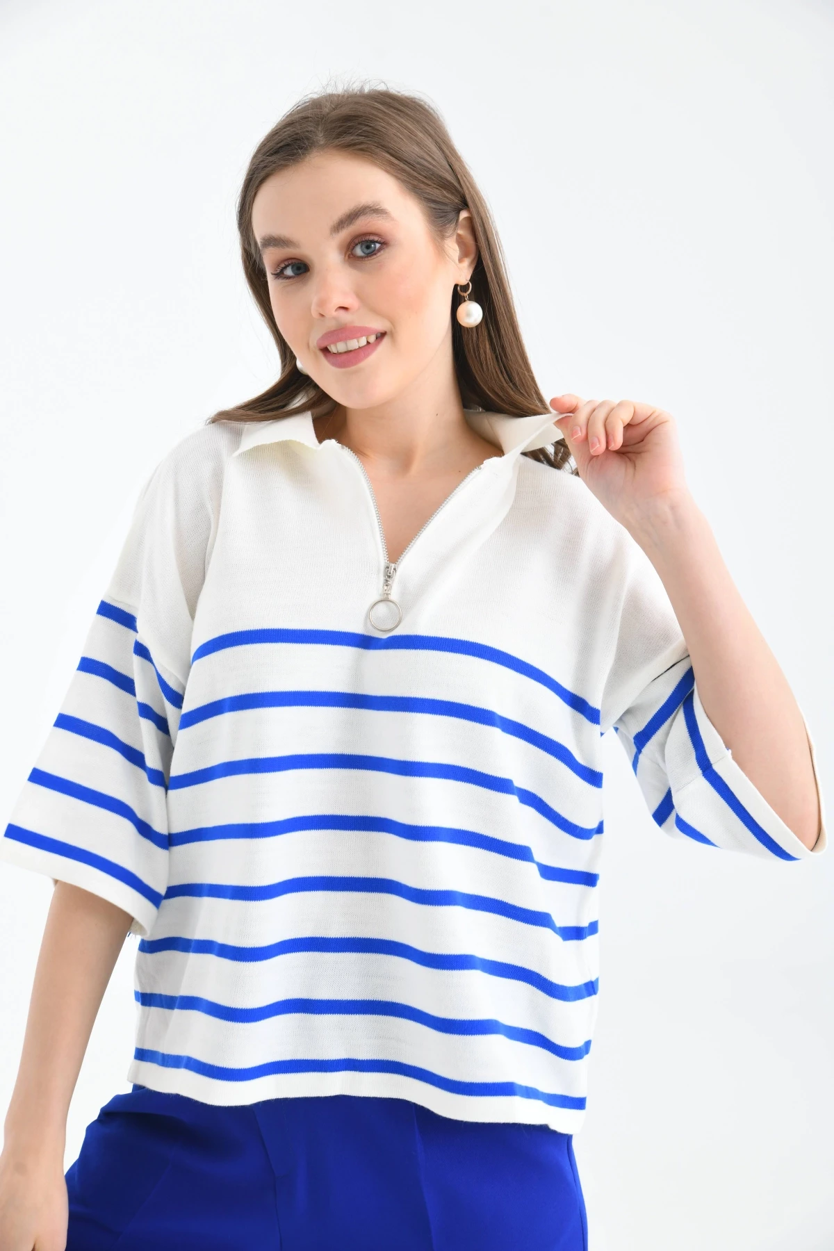 Kadın Polo Yaka Kısa Kol Fermuar Detay Triko Kazak 10099