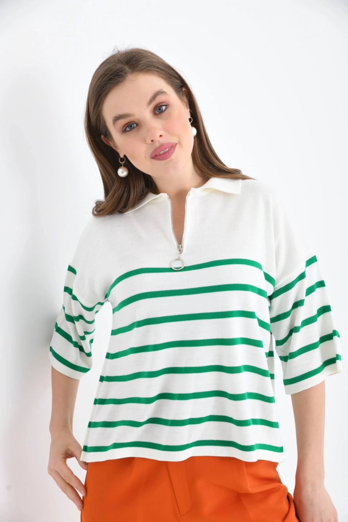 Kadın Polo Yaka Kısa Kol Fermuar Detay Triko Kazak 10099