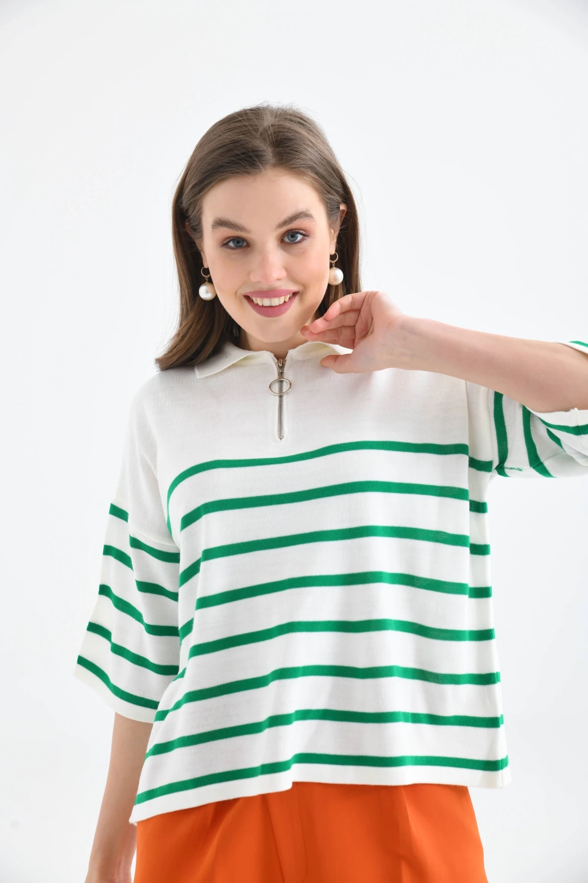 Kadın Polo Yaka Kısa Kol Fermuar Detay Triko Kazak 10099