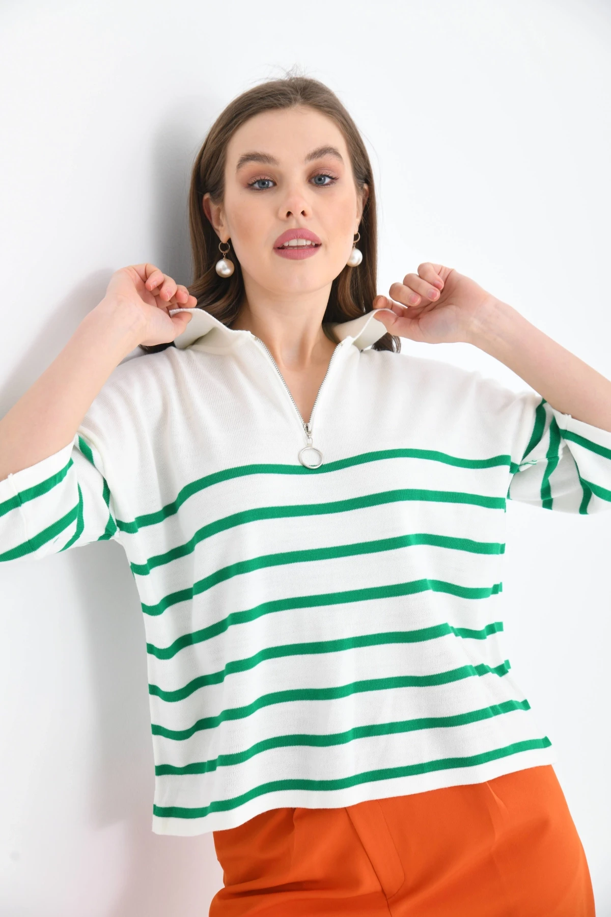 Kadın Polo Yaka Kısa Kol Fermuar Detay Triko Kazak 10099