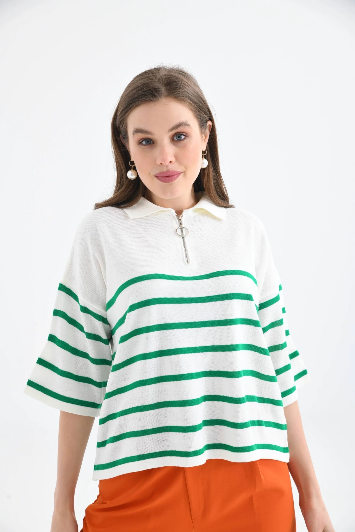 Kadın Polo Yaka Kısa Kol Fermuar Detay Triko Kazak 10099