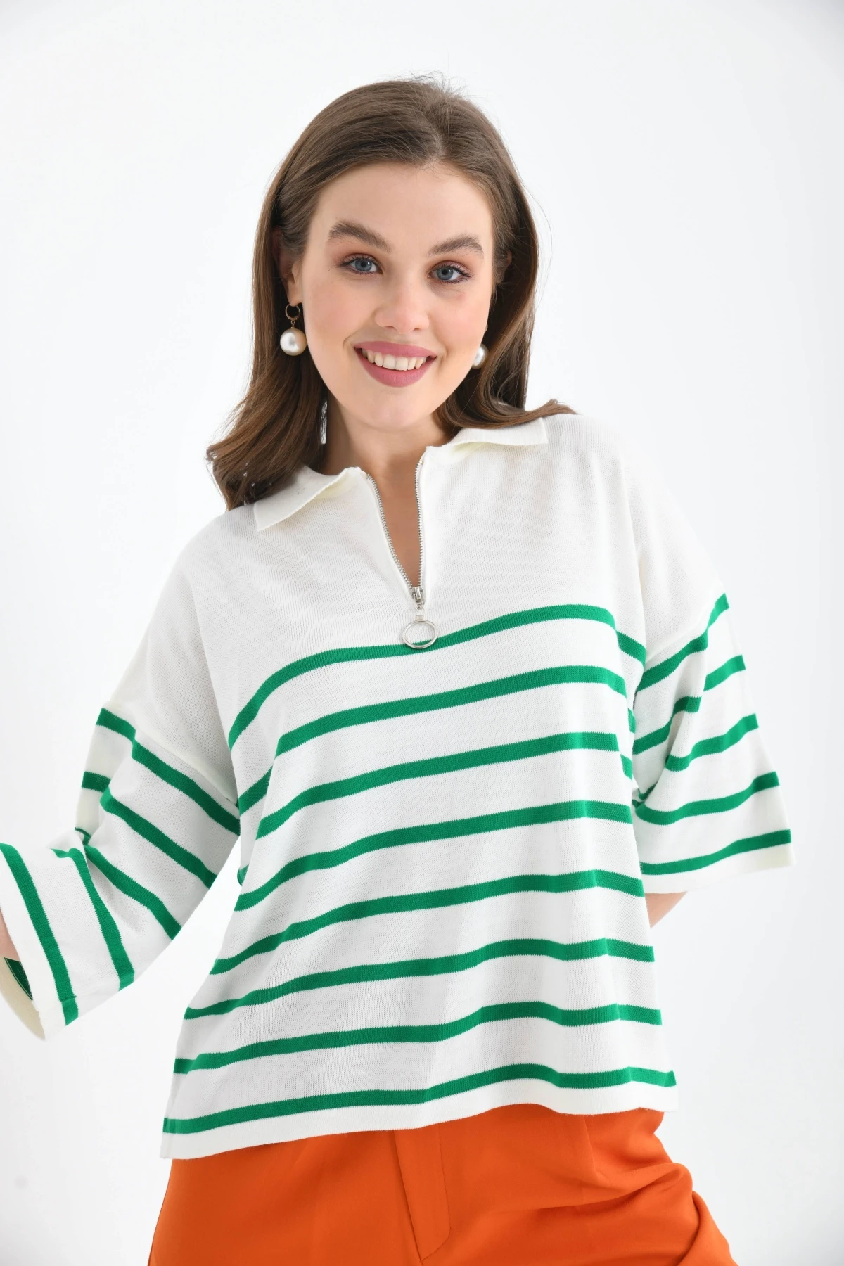 Kadın Polo Yaka Kısa Kol Fermuar Detay Triko Kazak 10099