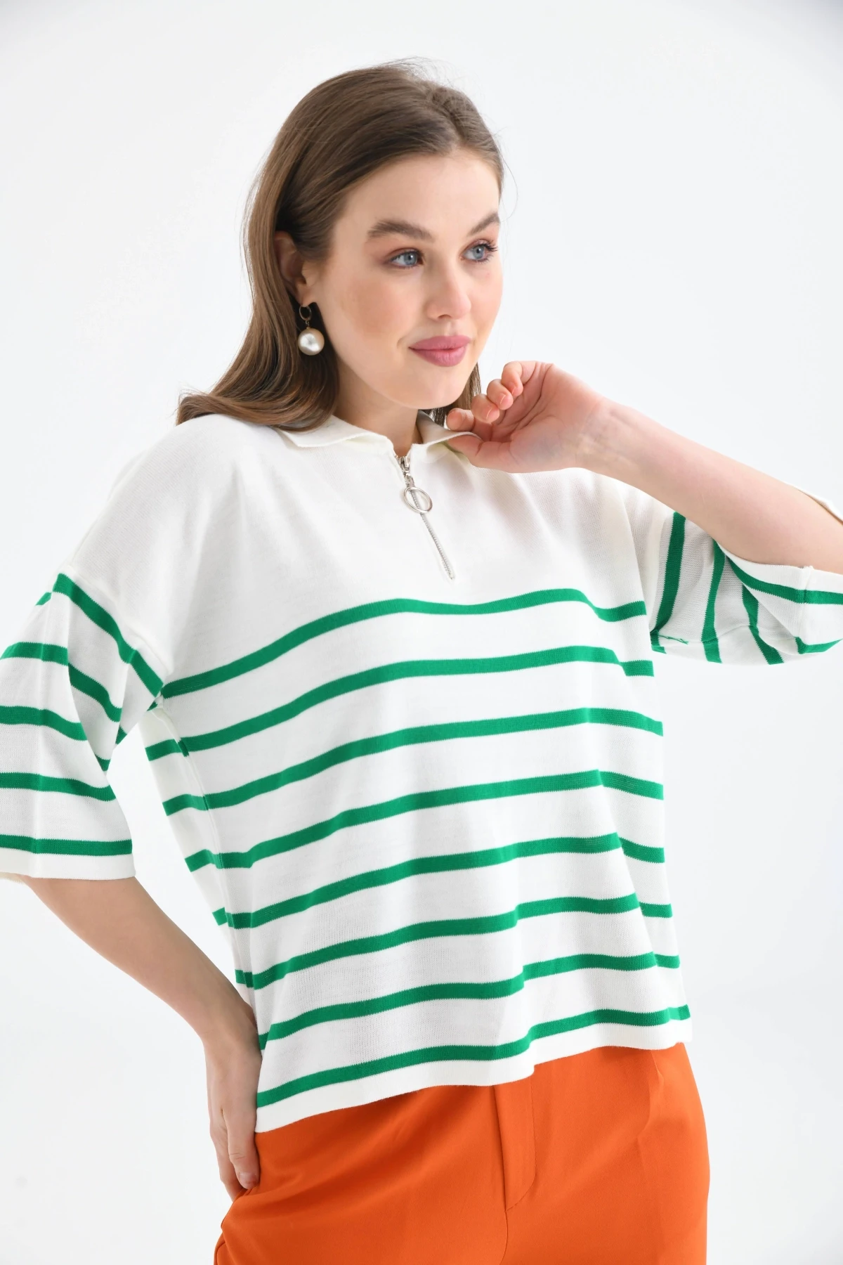 Kadın Polo Yaka Kısa Kol Fermuar Detay Triko Kazak 10099