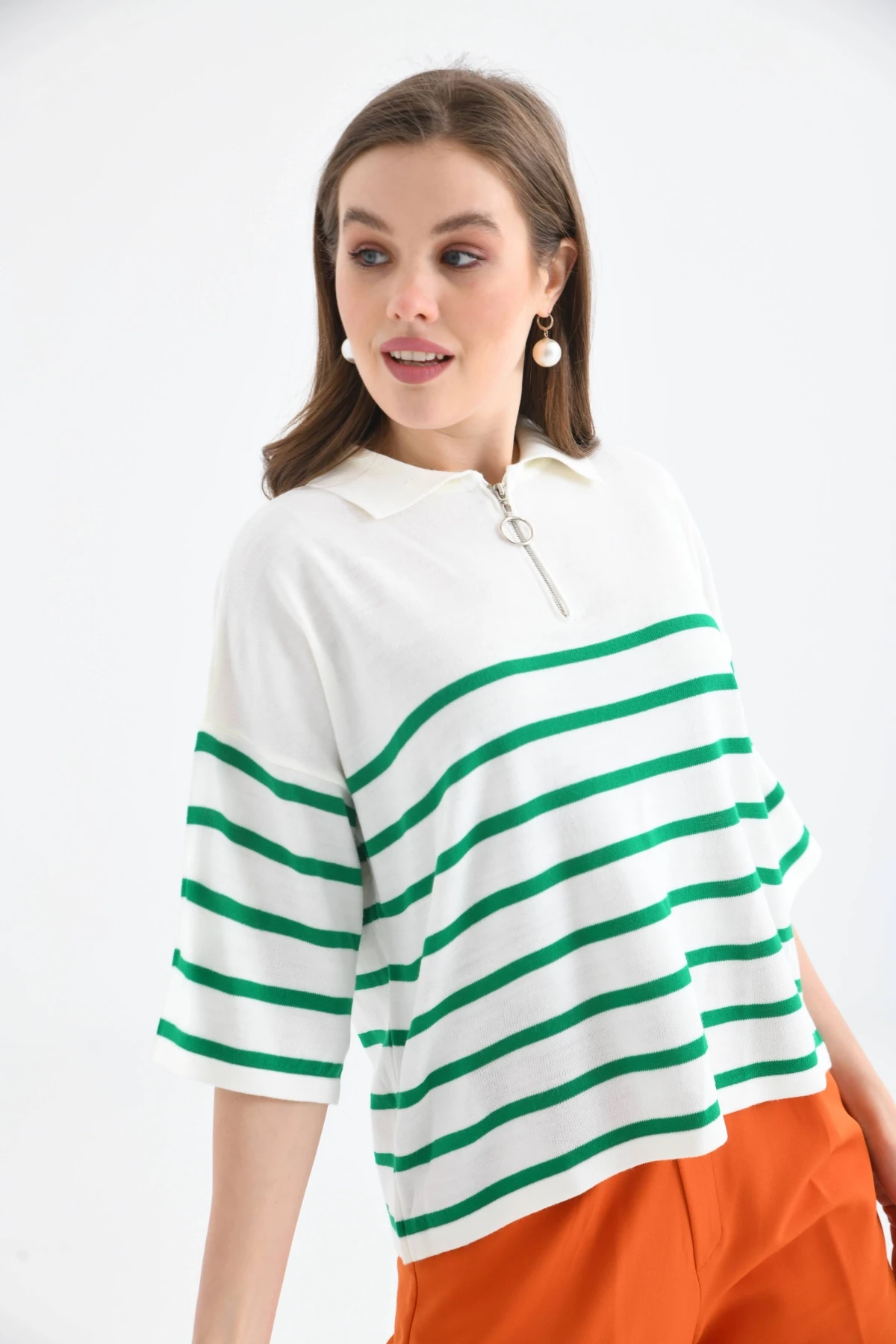 Kadın Polo Yaka Kısa Kol Fermuar Detay Triko Kazak 10099