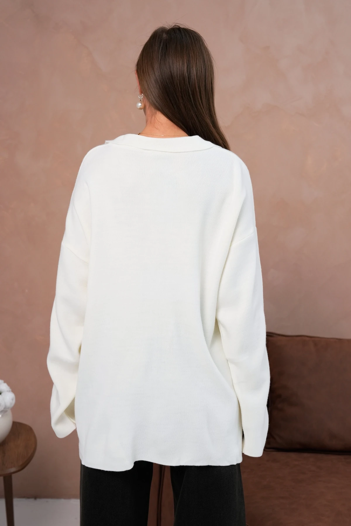 Kadın Polo Yaka Nakış Detay Yanları Yırtmaçlı Salaş Triko Kazak 224292