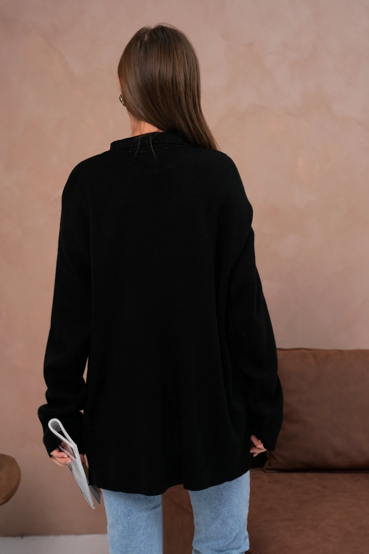 Kadın Polo Yaka Nakış Detay Yanları Yırtmaçlı Salaş Triko Kazak 224292