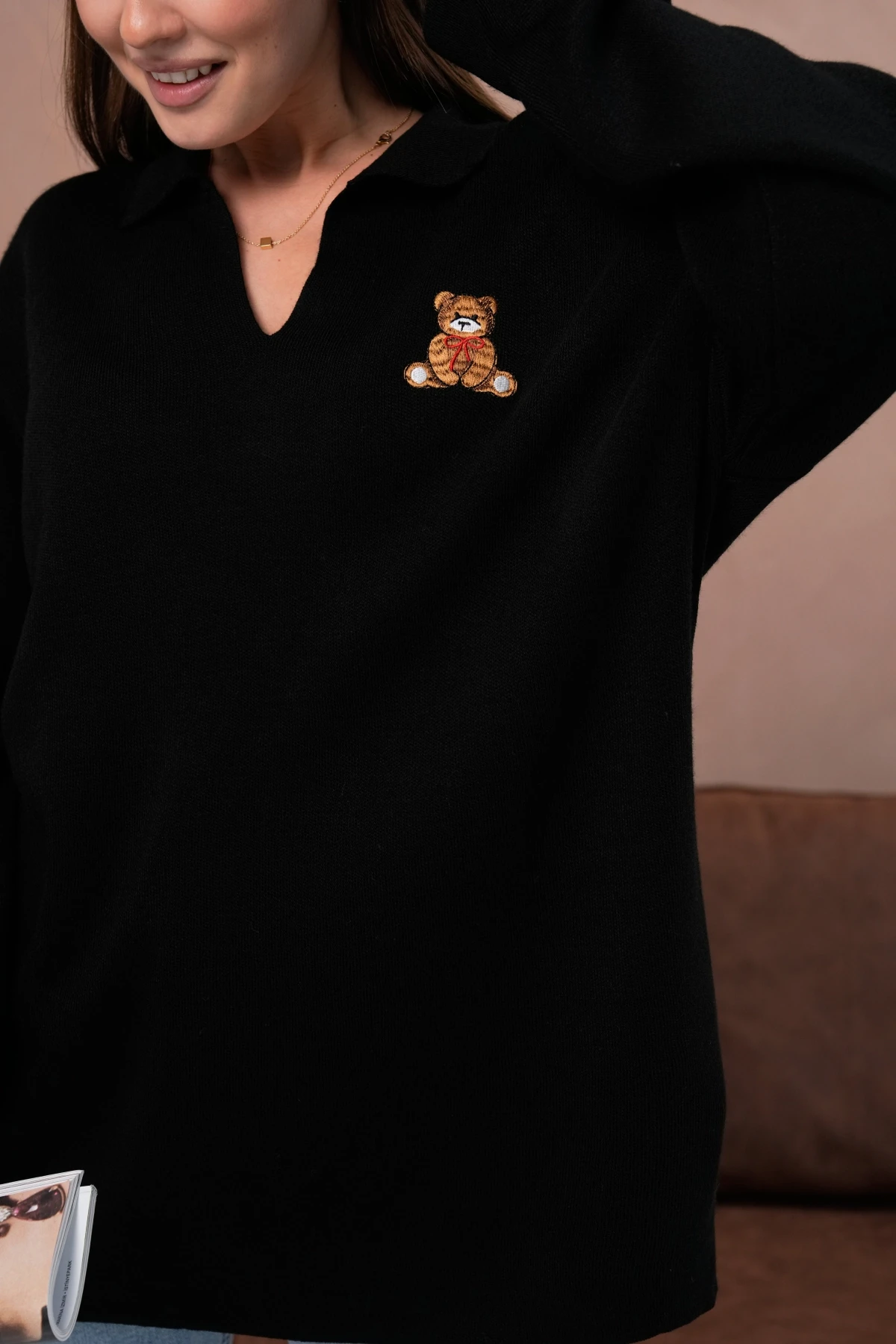 Kadın Polo Yaka Nakış Detay Yanları Yırtmaçlı Salaş Triko Kazak 224292