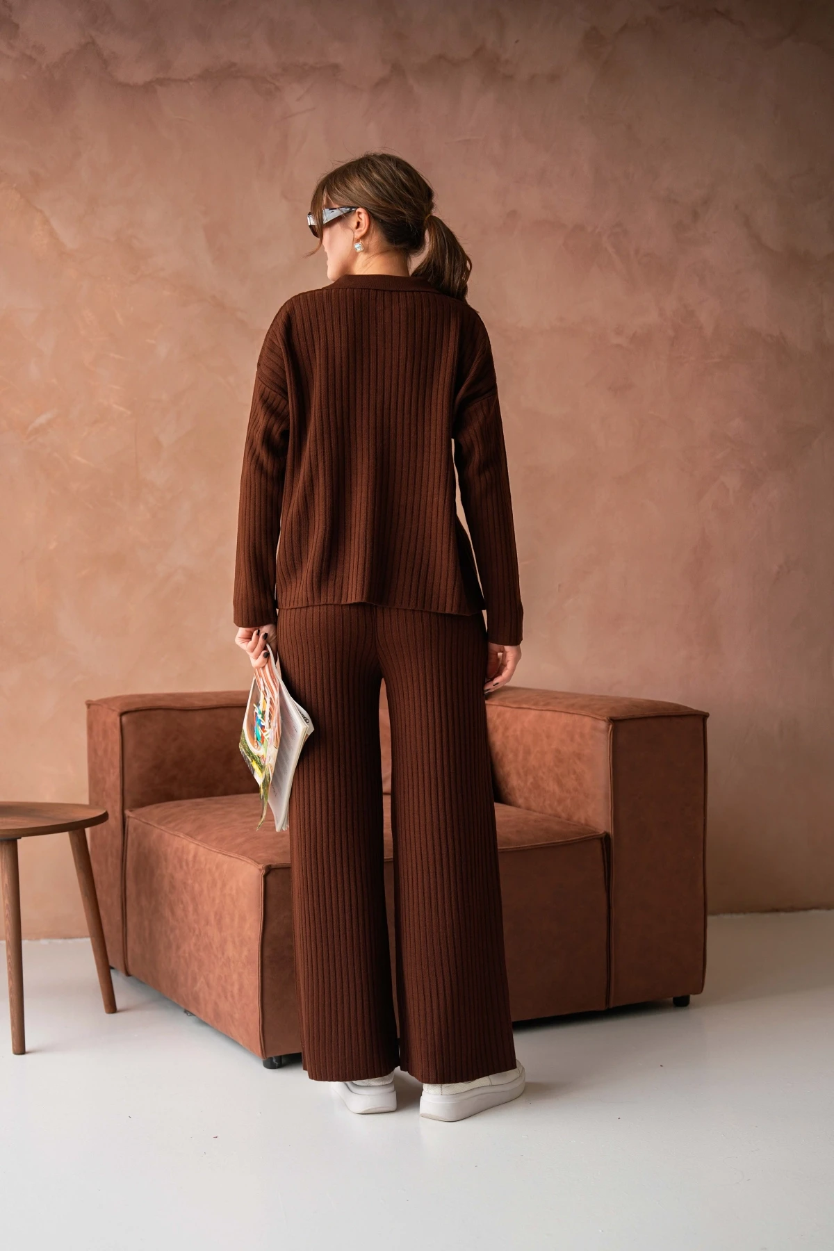 Kadın Polo Yaka Oversize Kazak Pantolon Triko Alt-Üst Takım