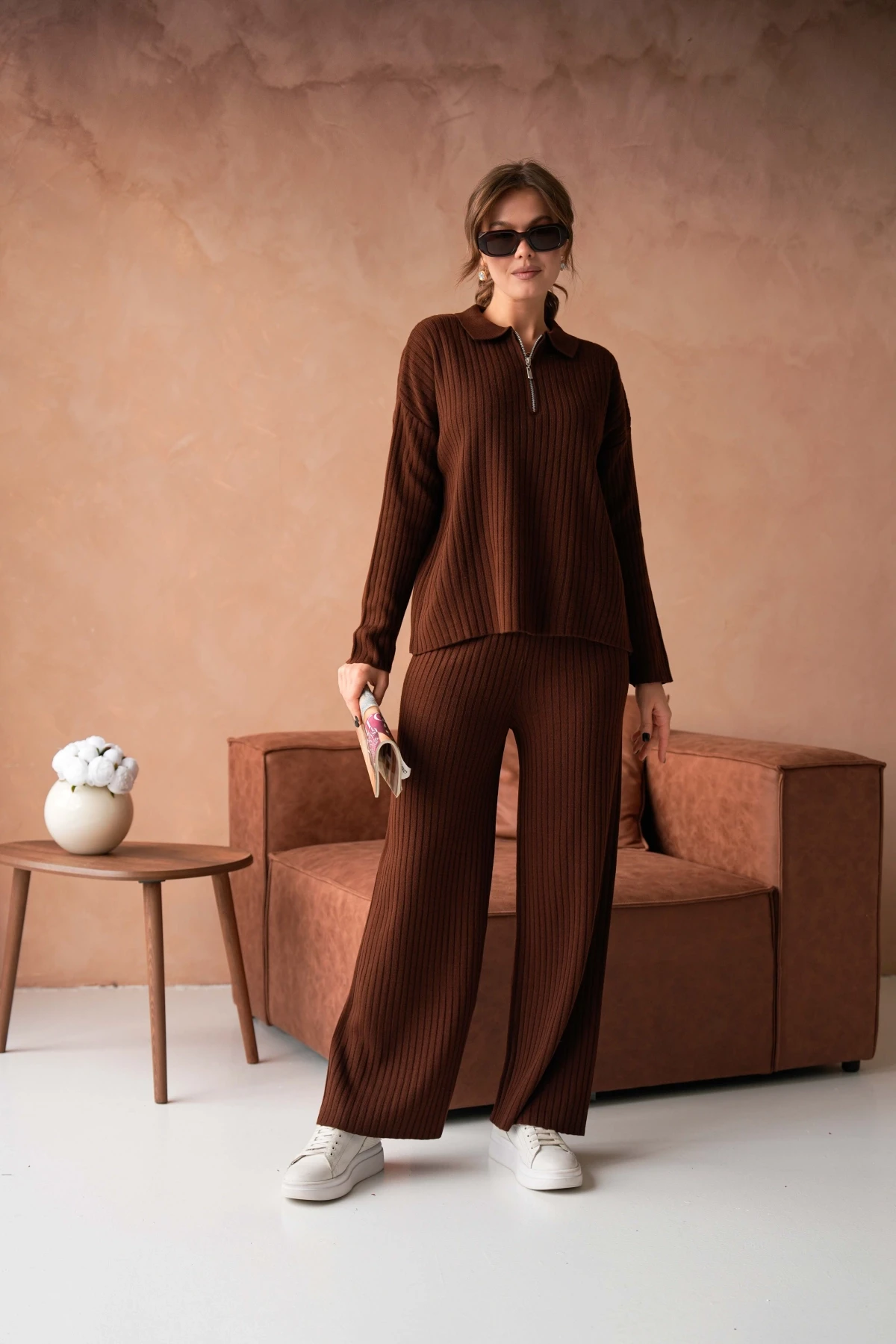 Kadın Polo Yaka Oversize Kazak Pantolon Triko Alt-Üst Takım