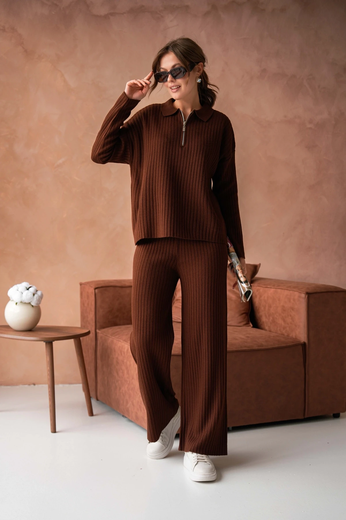 Kadın Polo Yaka Oversize Kazak Pantolon Triko Alt-Üst Takım