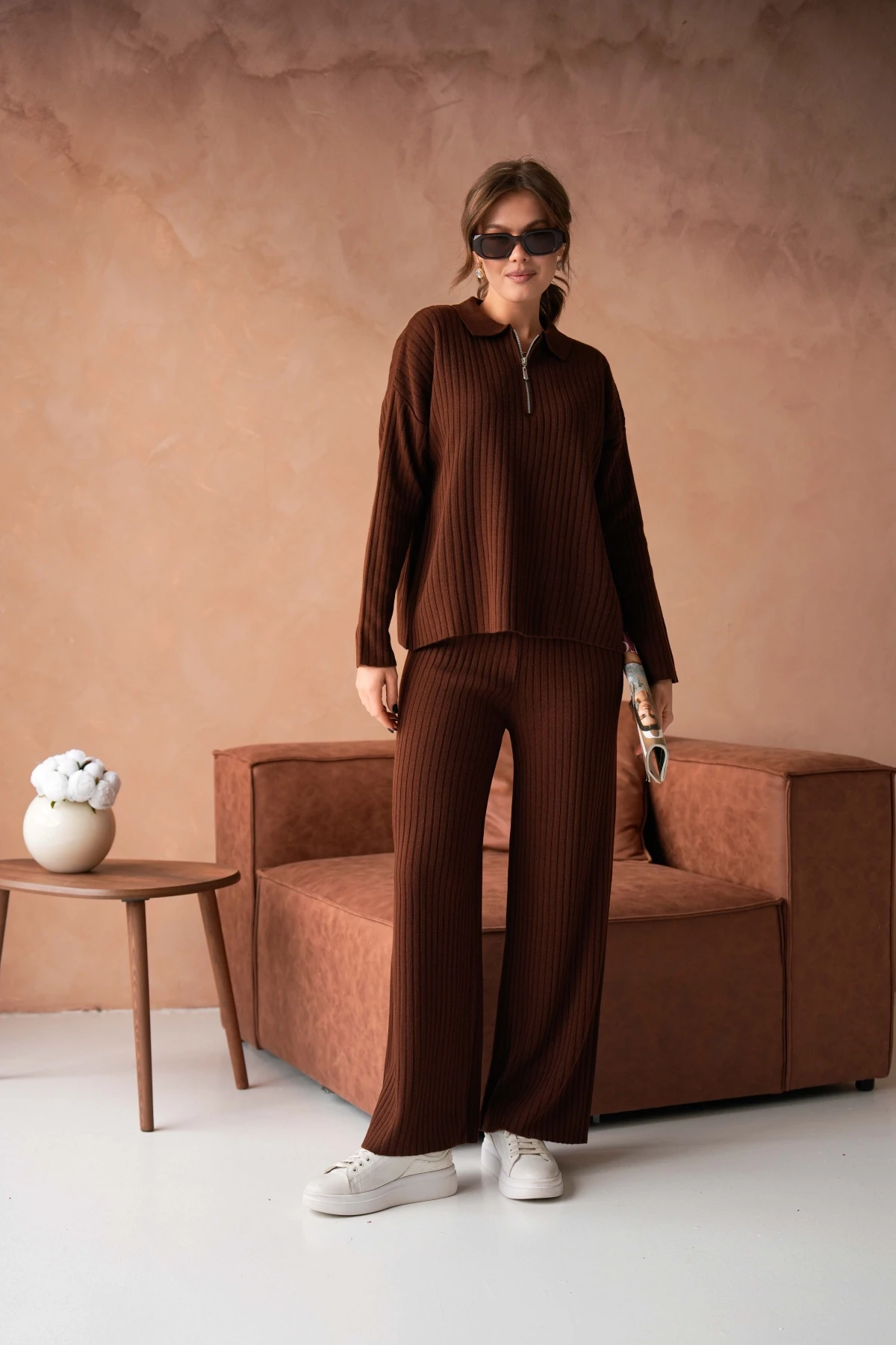 Kadın Polo Yaka Oversize Kazak Pantolon Triko Alt-Üst Takım