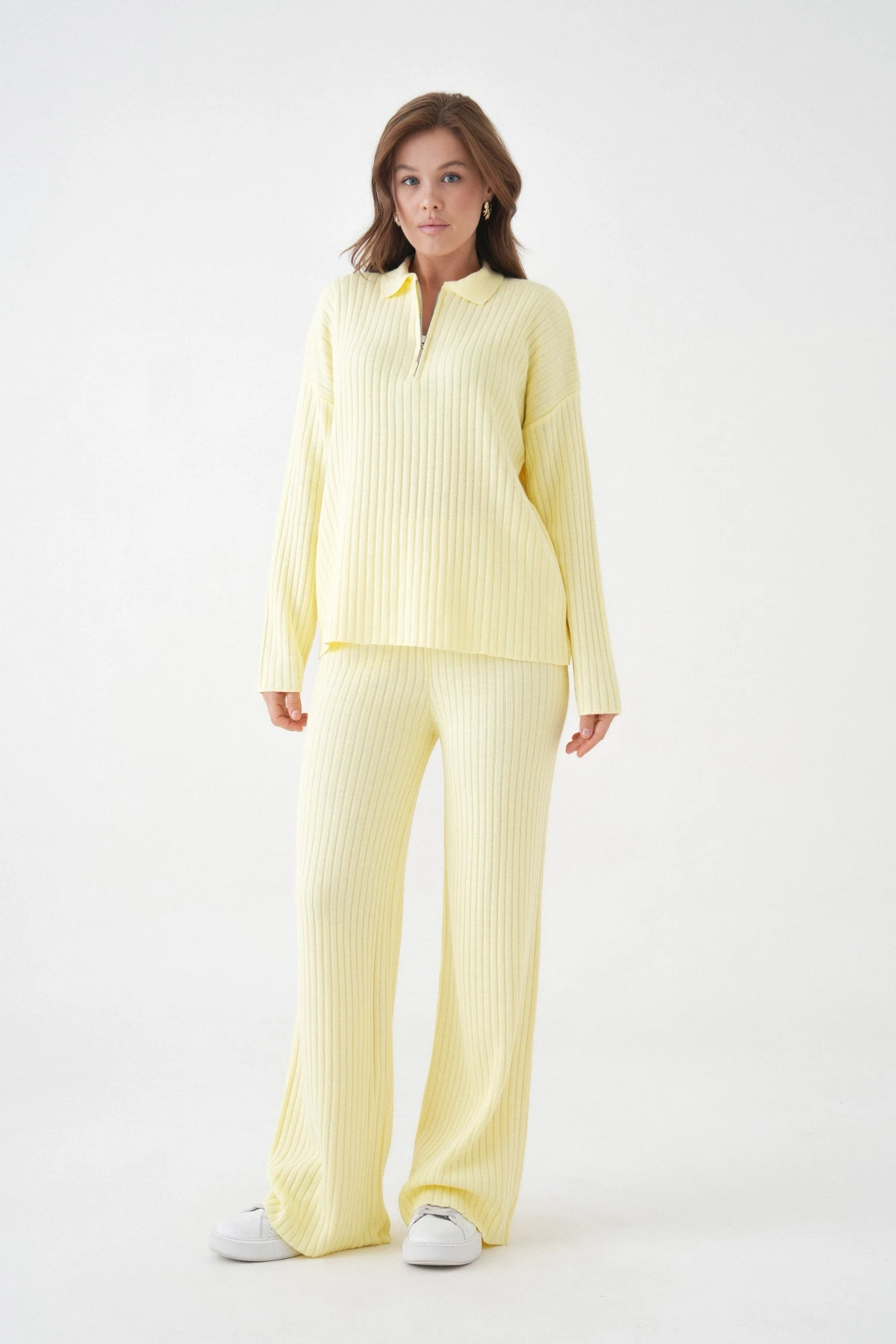 Kadın Polo Yaka Oversize Kazak Pantolon Triko Alt-Üst Takım