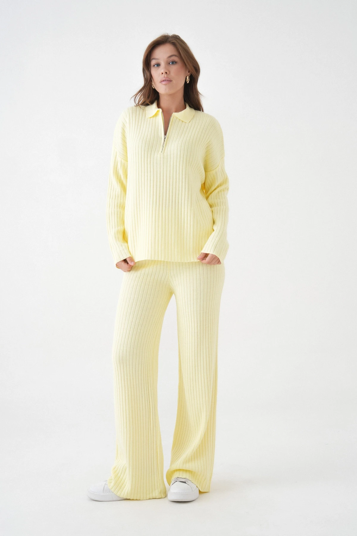 Kadın Polo Yaka Oversize Kazak Pantolon Triko Alt-Üst Takım